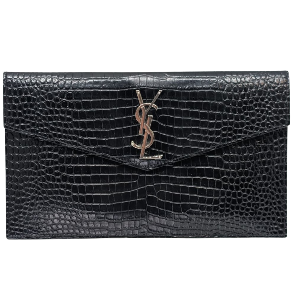 Saint Laurent Small Uptown Pouch In Crocodile-Embossed Leather Black