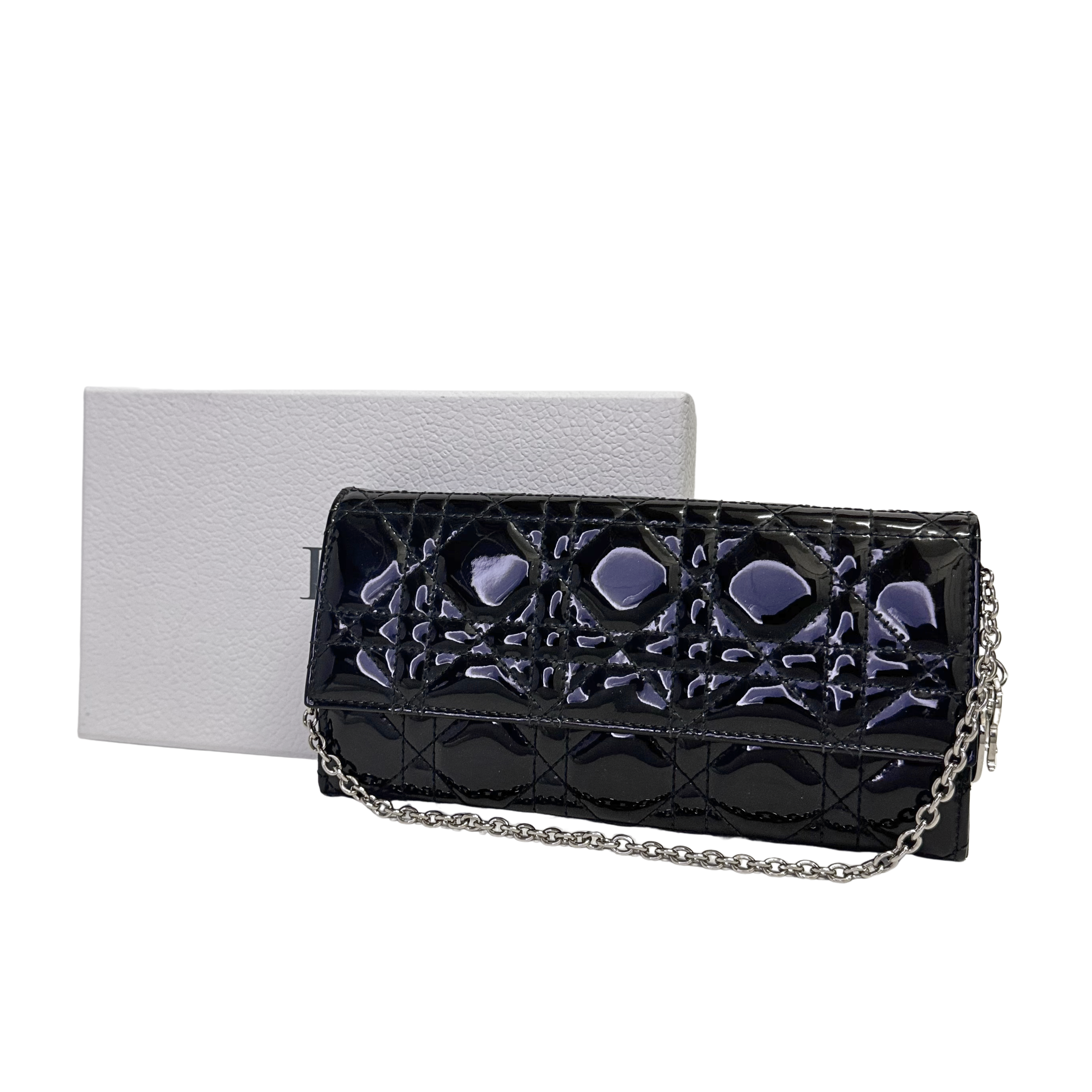 Dior Patent Leather Long Wallet With Chain Black