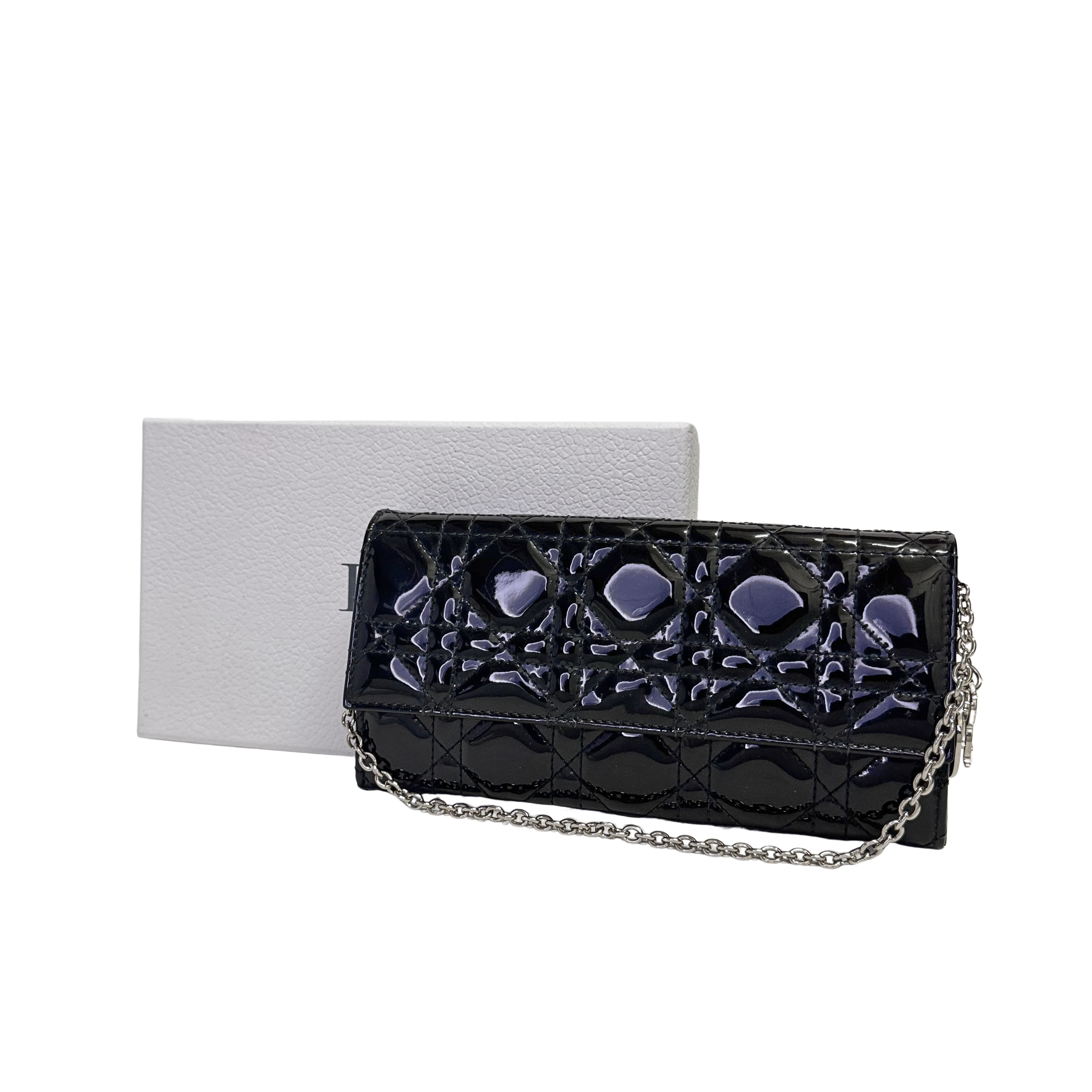 Dior Patent Leather Long Wallet With Chain Black