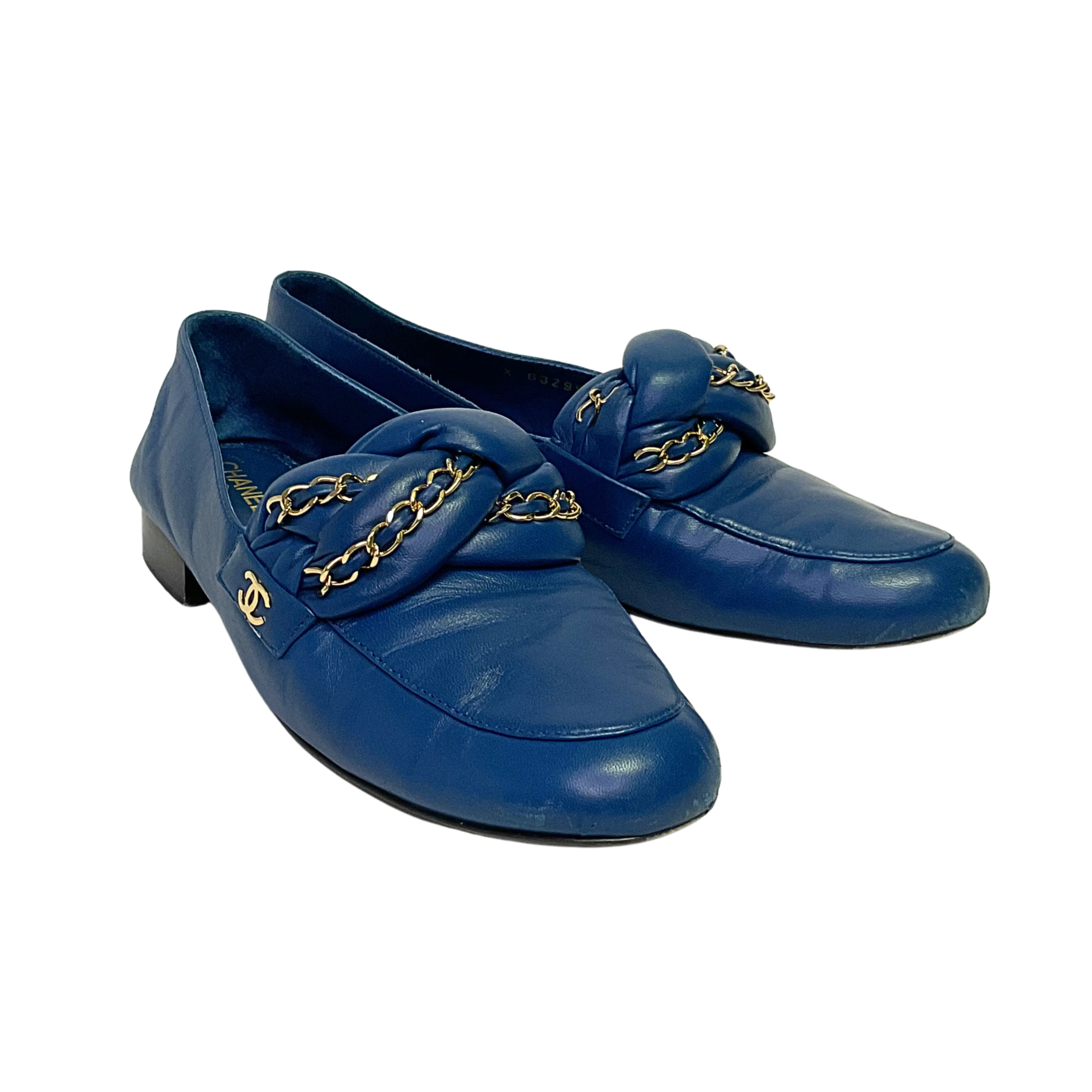 Chanel Braided Interlocking CC Loafers Blue Flats Size 38