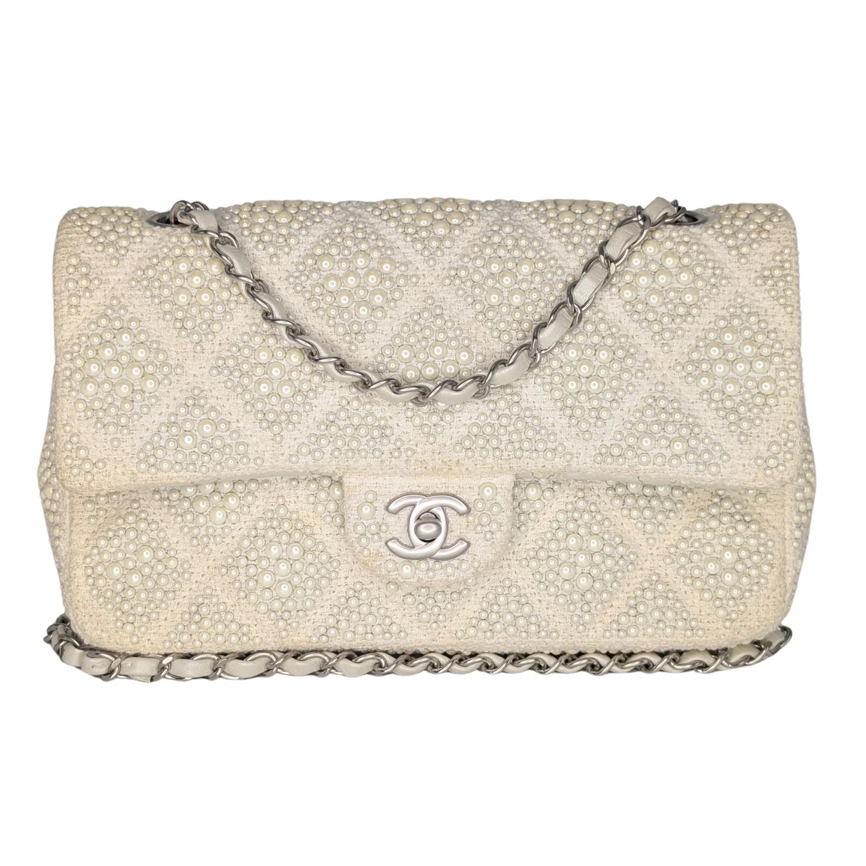 Chanel Classic Flap Pearl Embellished Shoulder Bag White - Lost Designer