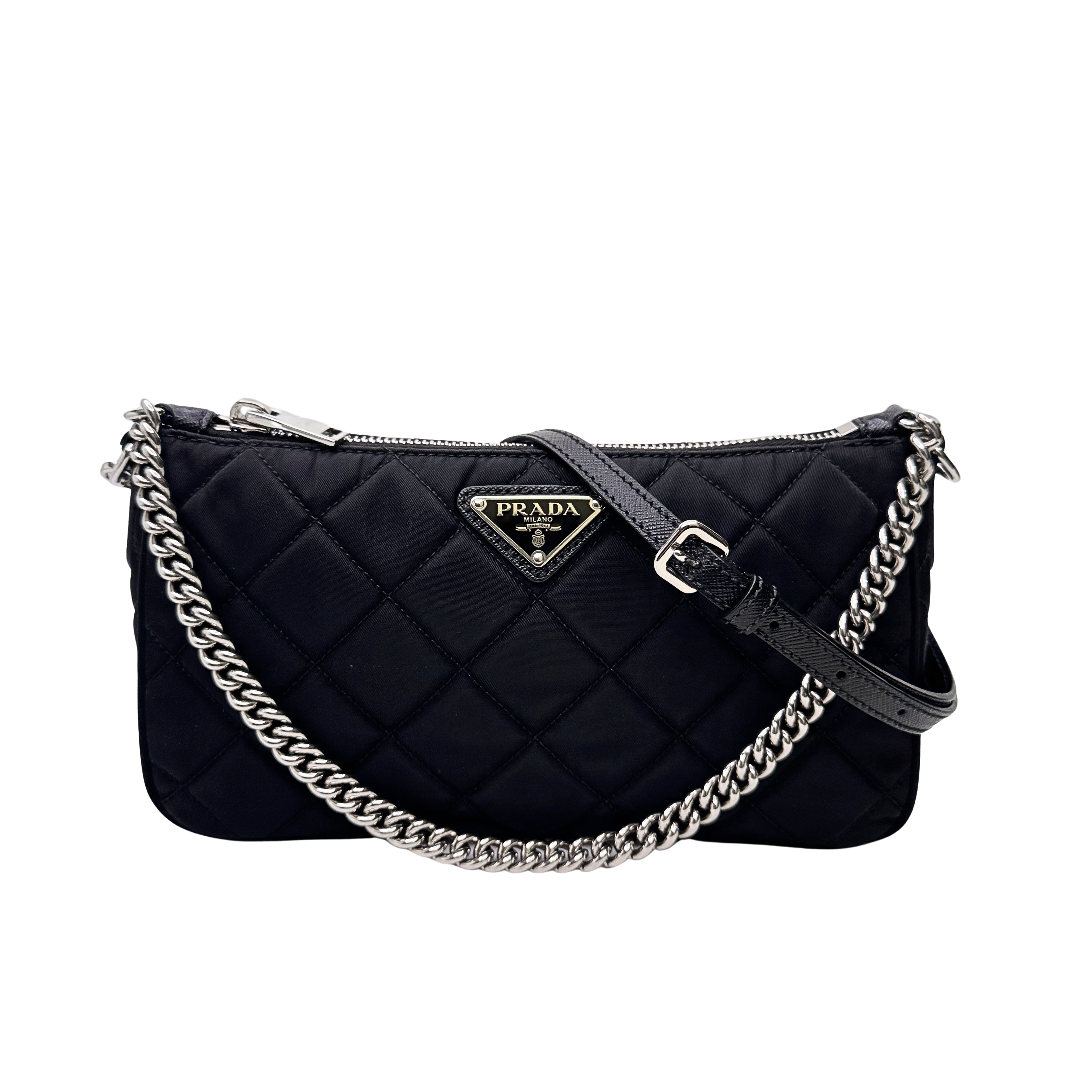 Prada Tessuto Quilted Chain Crossbody Bag Nylon Black