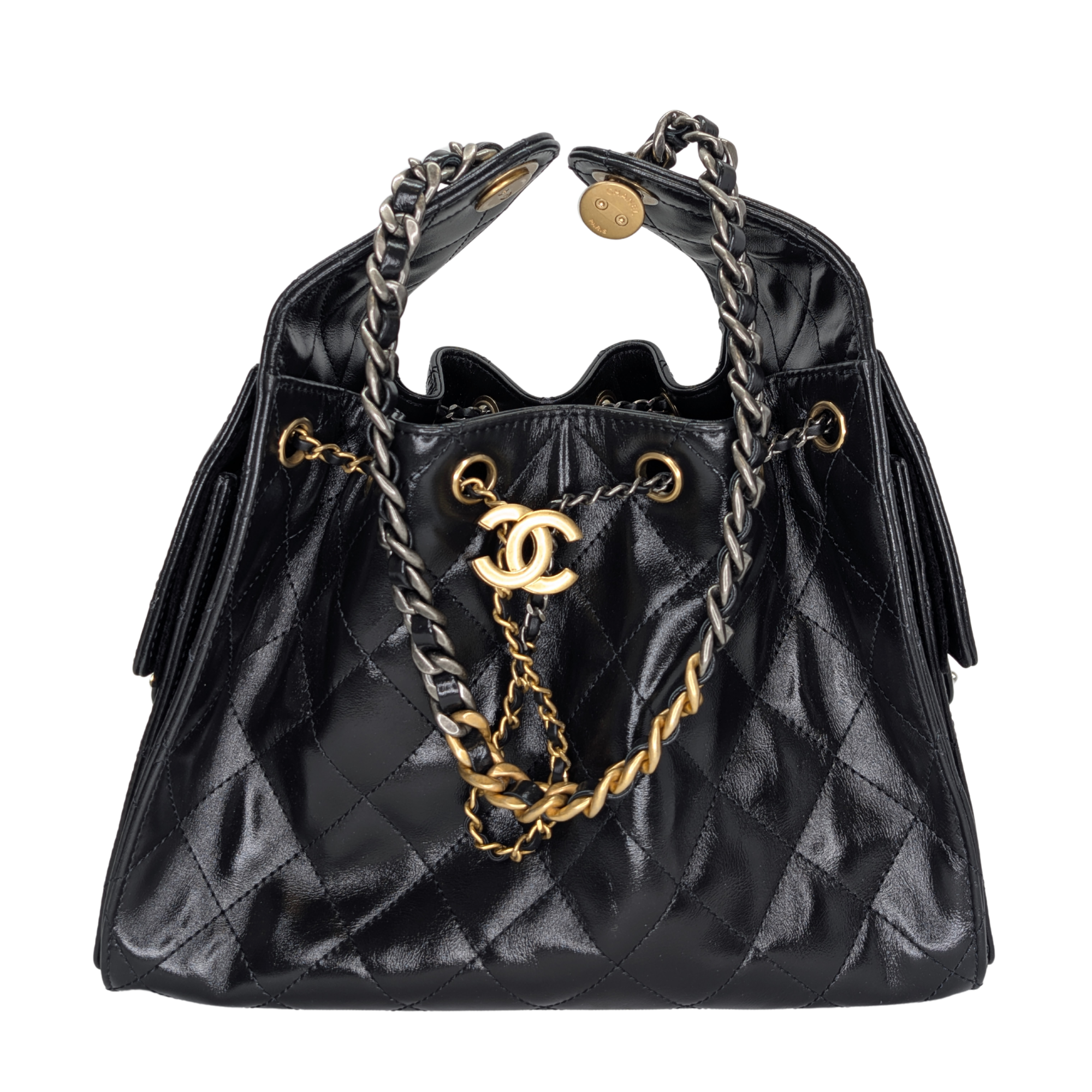 Chanel Small 25 Gold Tone Crumpled Calfskin Handbag Black