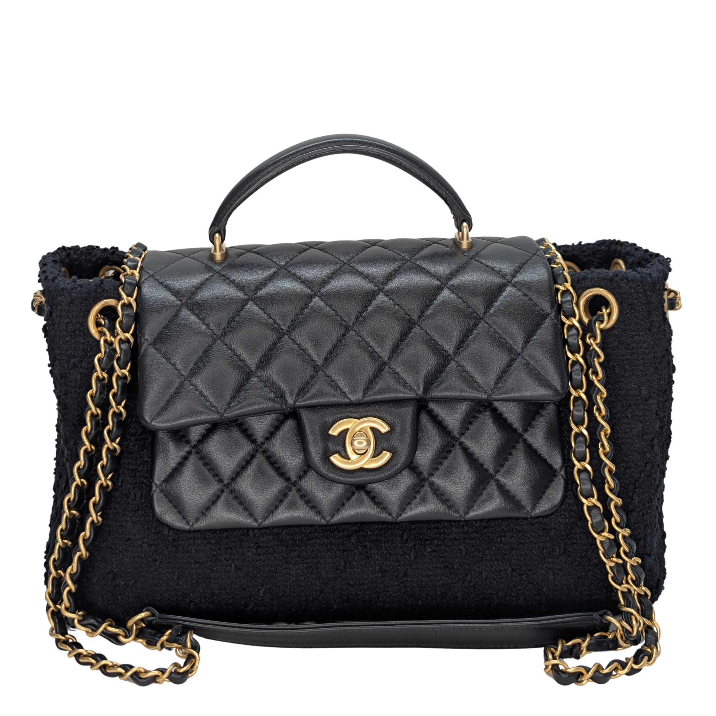 Chanel Top Handle Flap Tweed & Lambskin Bag GHW Black