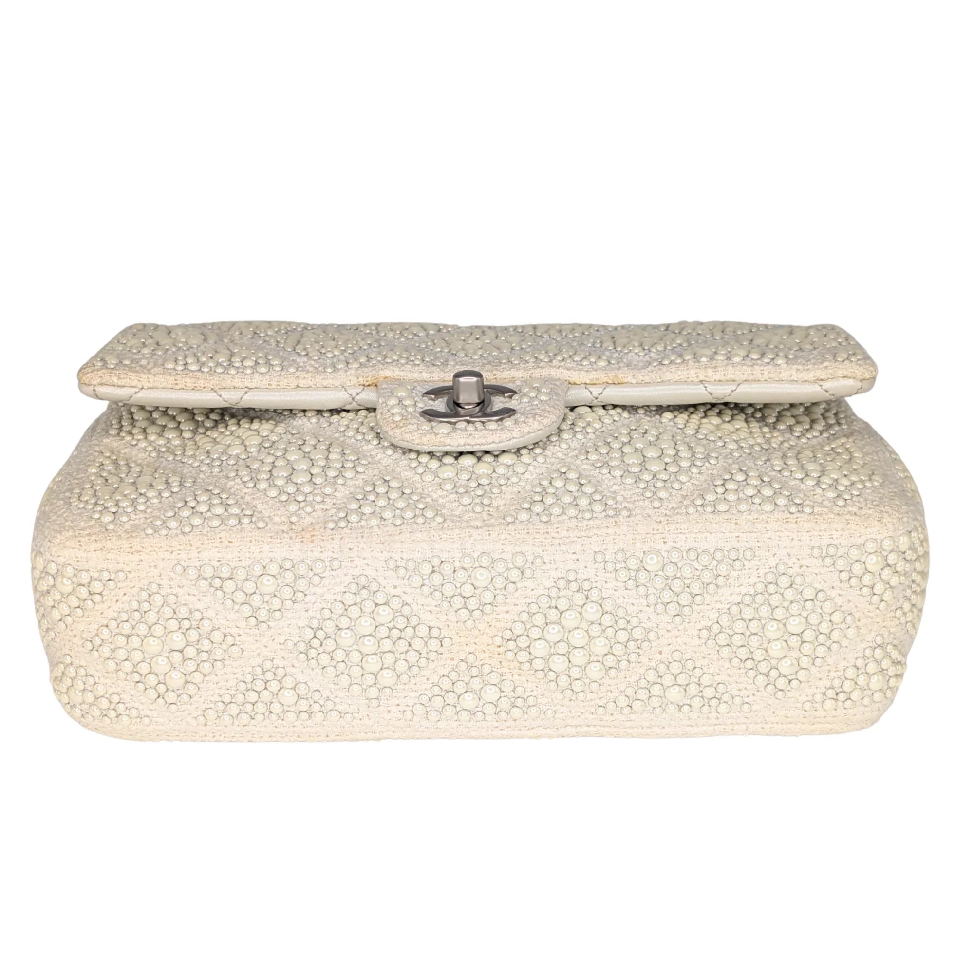Chanel Classic Flap Pearl Embellished Shoulder Bag White - Lost Designer