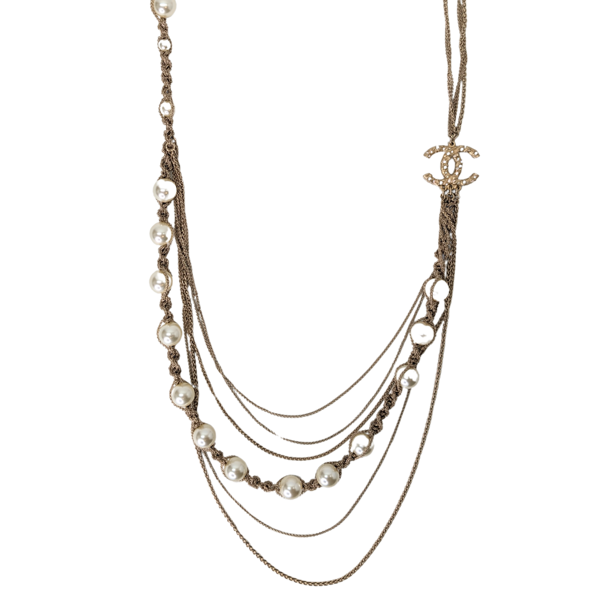 Chanel Faux Pearl & Strass CC Multi-Strand Chain Necklace