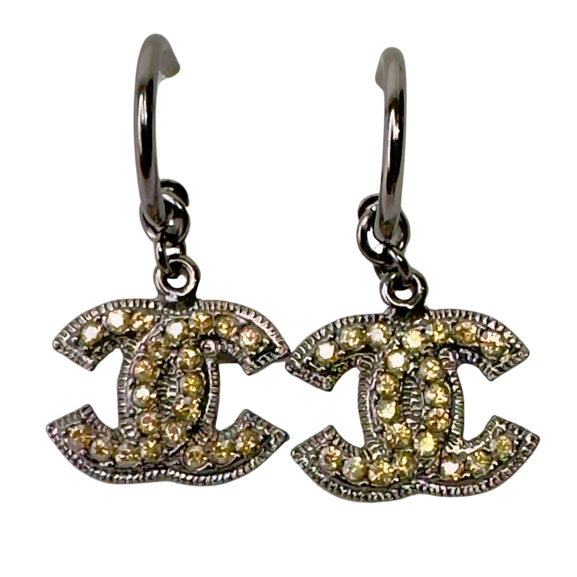 Chanel Gunmetal CC Peach Crystal Rim Hoop Earrings