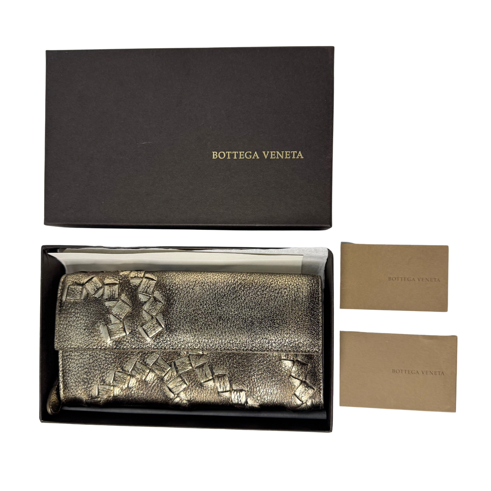 Bottega Veneta Metallic Pewter Woven and Pebbled Leather Long Wallet