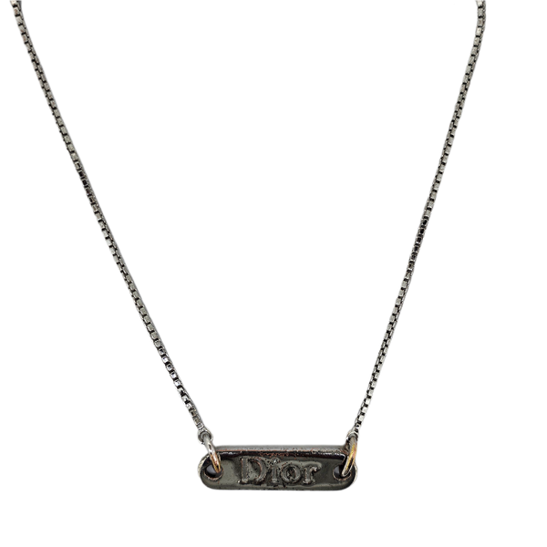 Dior Silver Brass And Enamel Logo Plate Pendant Necklace