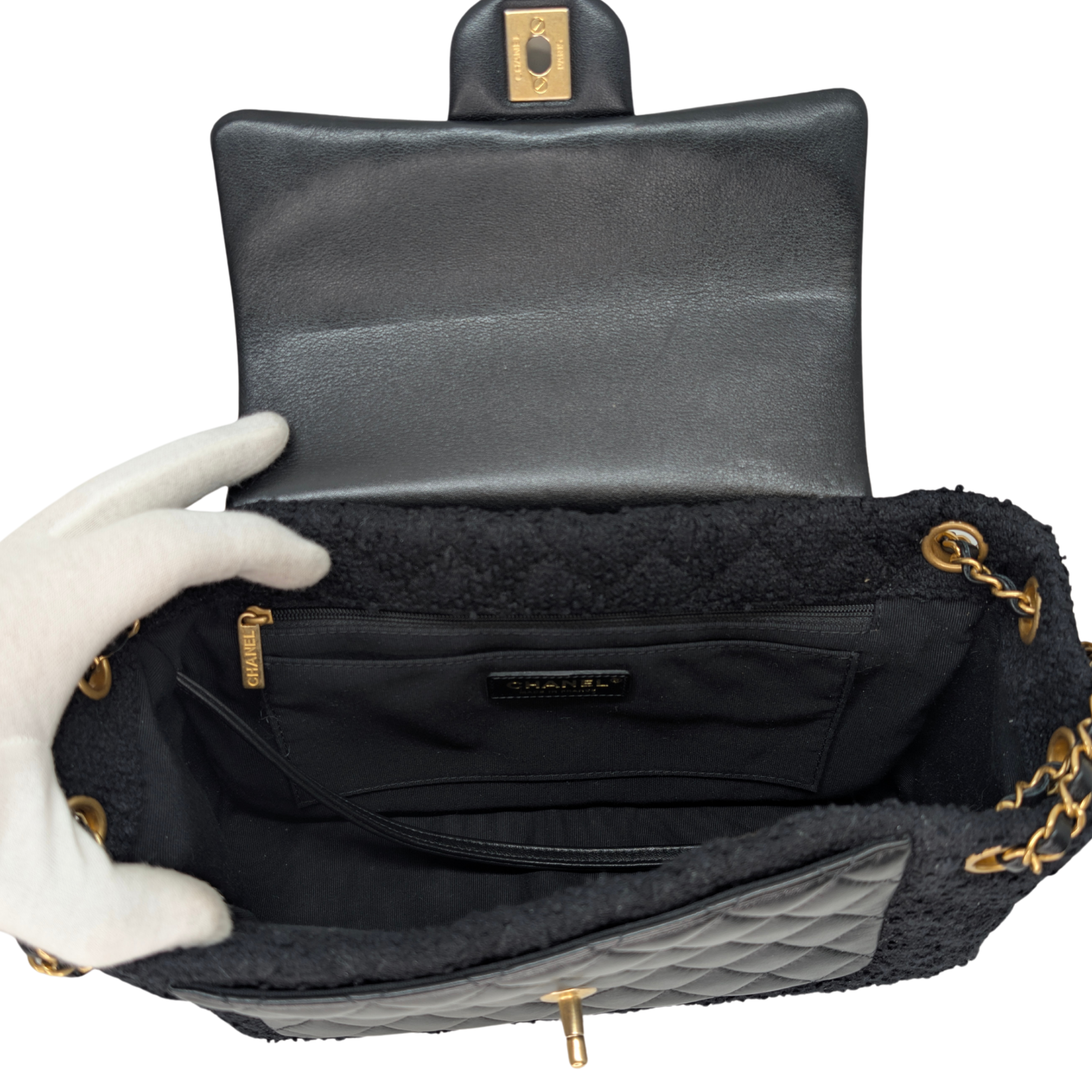 Chanel Top Handle Flap Tweed & Lambskin Bag GHW Black