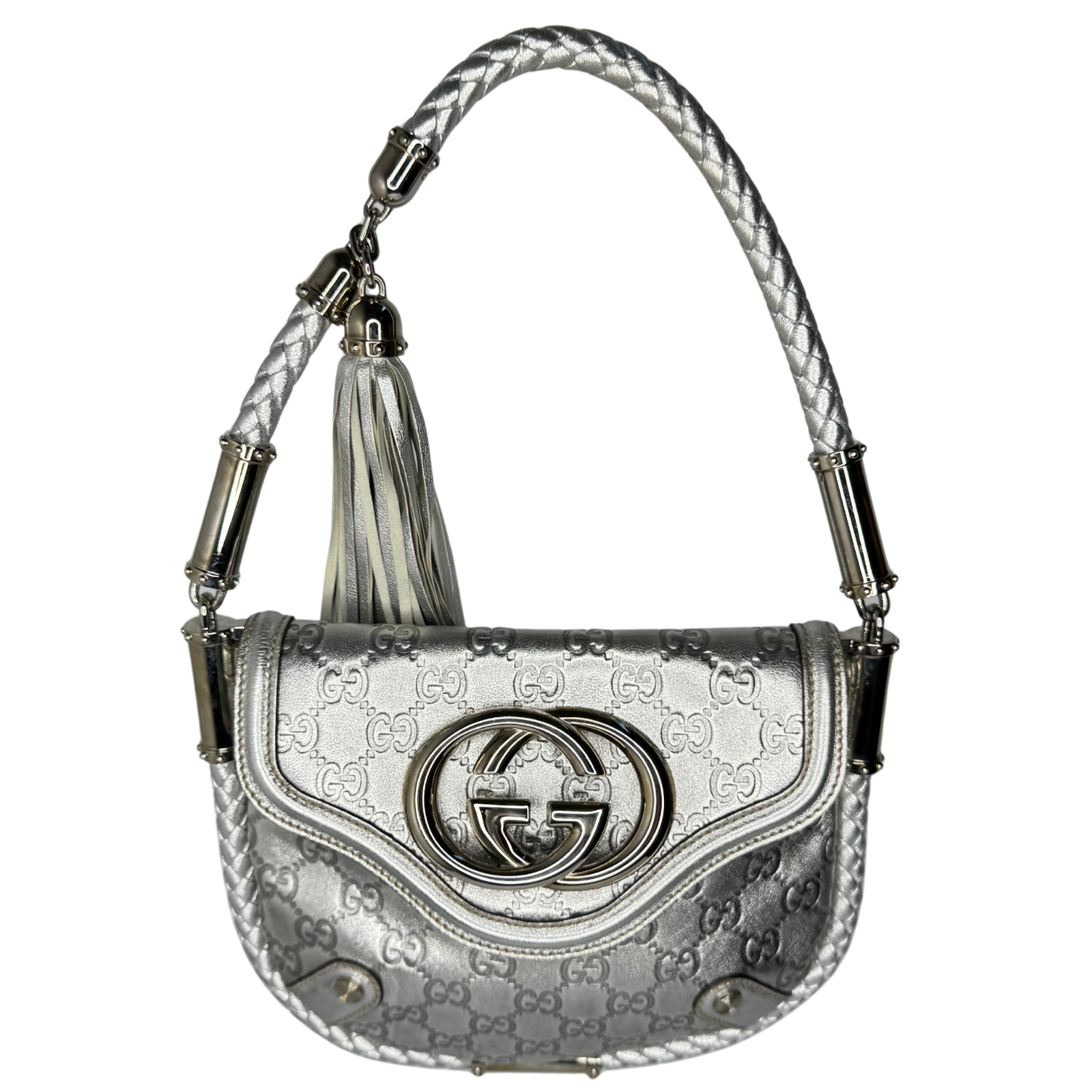 Gucci Guccissima Small Britt Tassel Shoulder Bag – Silver