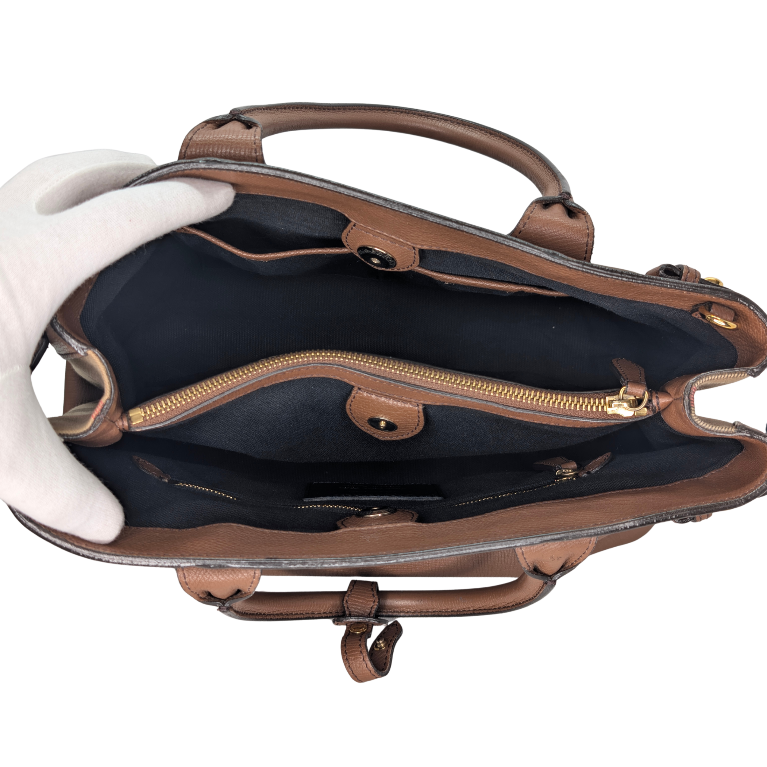 Burberry Brown Pebbled Leather House Check Medium Banner Tote Bag