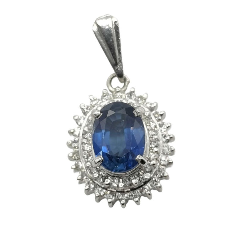 Platinum 900 Natural Sapphire 1.08CT & Diamond 0.25CT Oval Halo Pendant
