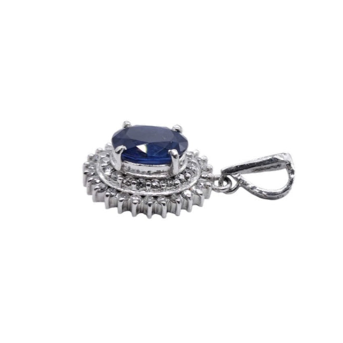Platinum 900 Natural Sapphire 1.08CT & Diamond 0.25CT Oval Halo Pendant