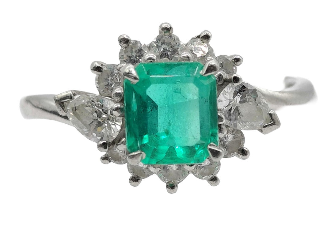 Platinum 900 Natural Emerald 0.82CT & Diamond 0.51CT Cluster Ring SIZE L½