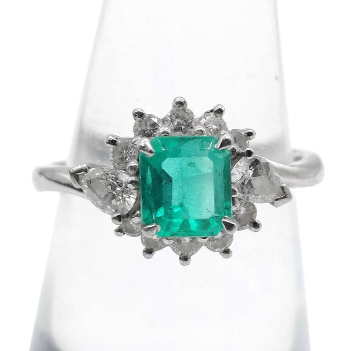Platinum 900 Natural Emerald 0.82CT & Diamond 0.51CT Cluster Ring SIZE L½
