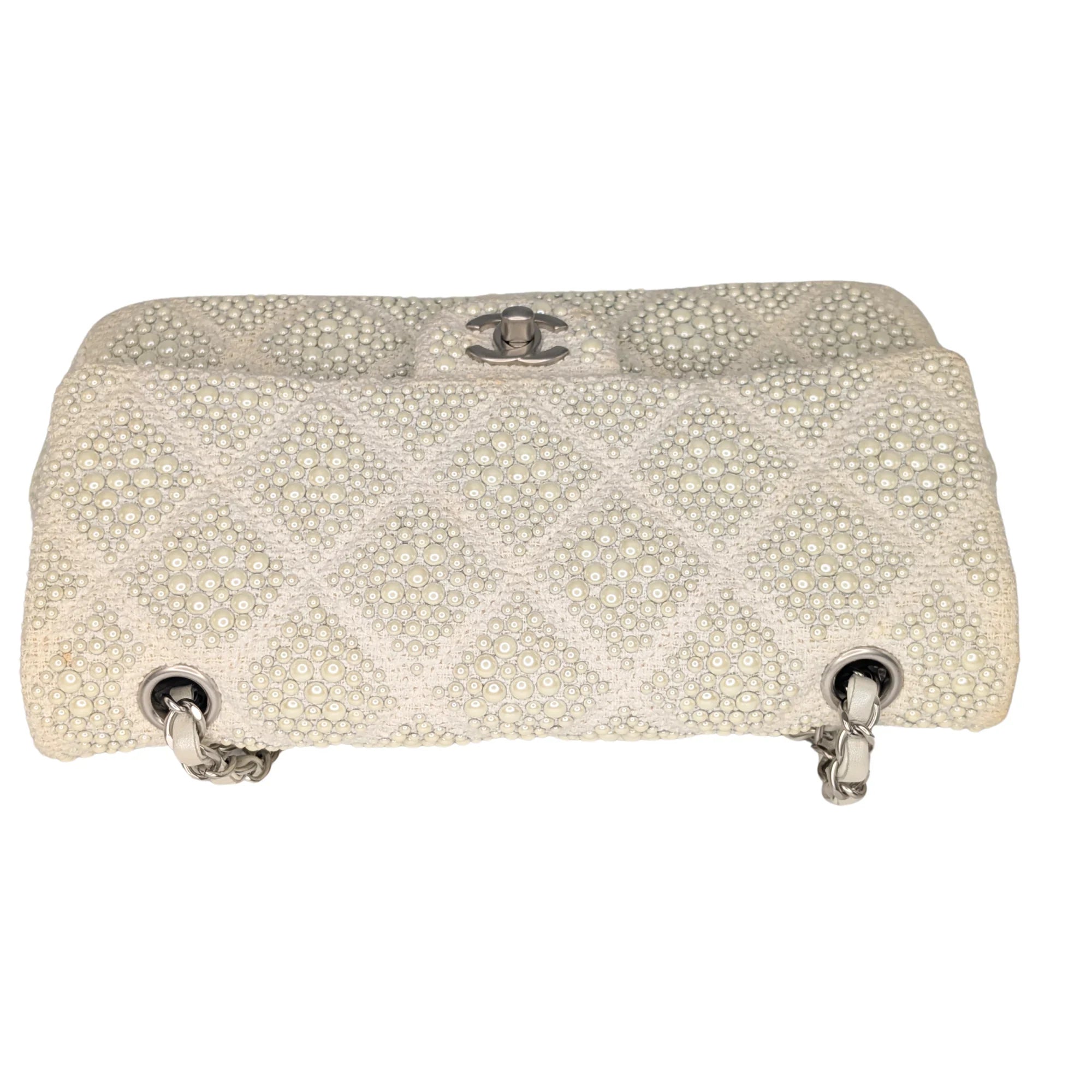 Chanel Classic Flap Pearl Embellished Shoulder Bag White - Lost Designer