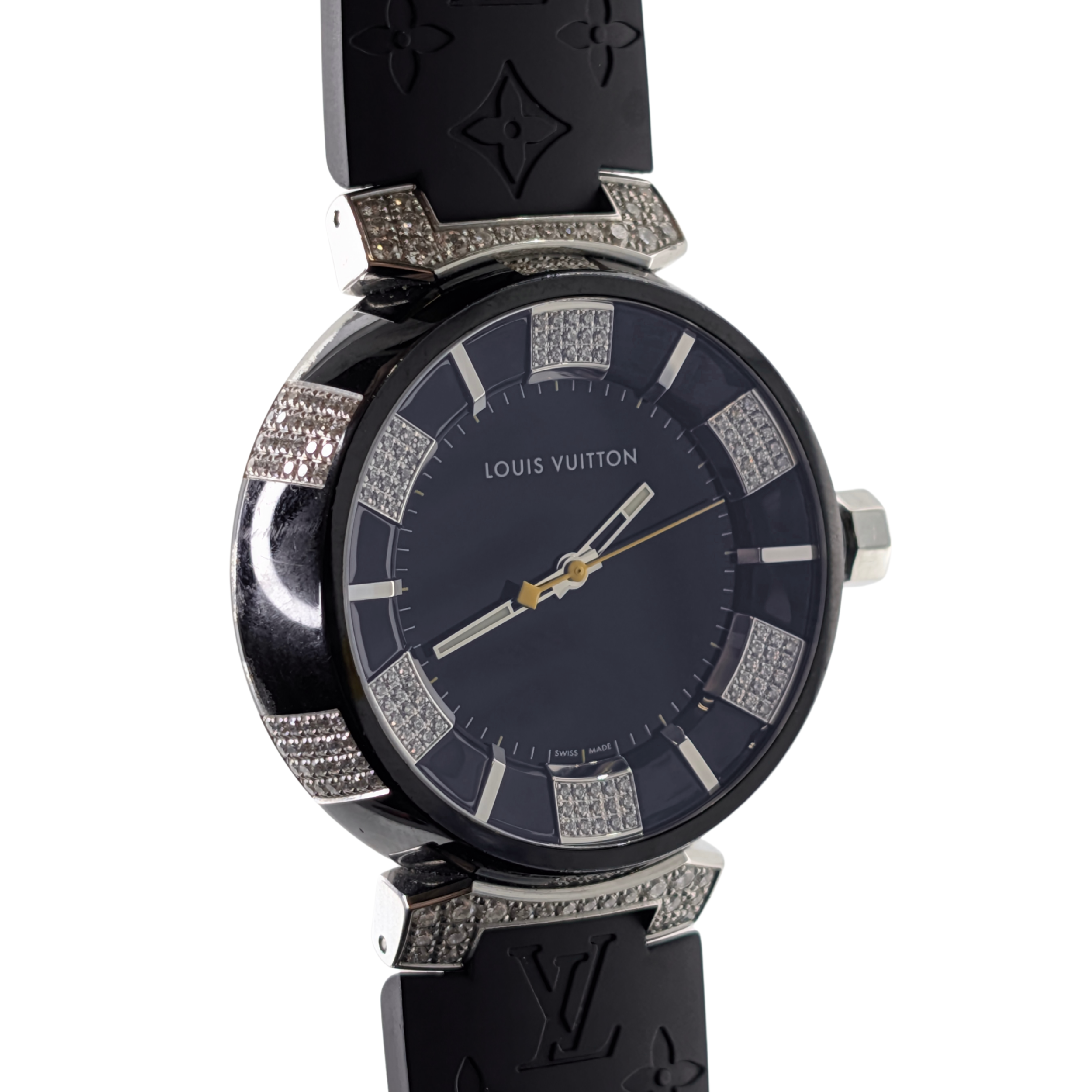 Louis Vuitton Tambour Q131Q Diamond Bezel & Dial Black Steel Watch