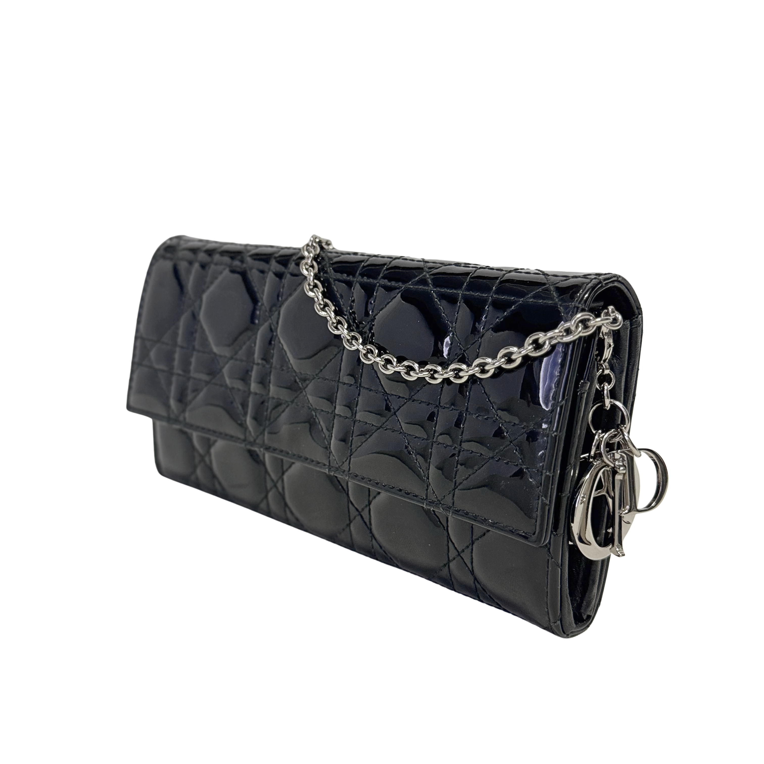 Dior Patent Leather Long Wallet With Chain Black