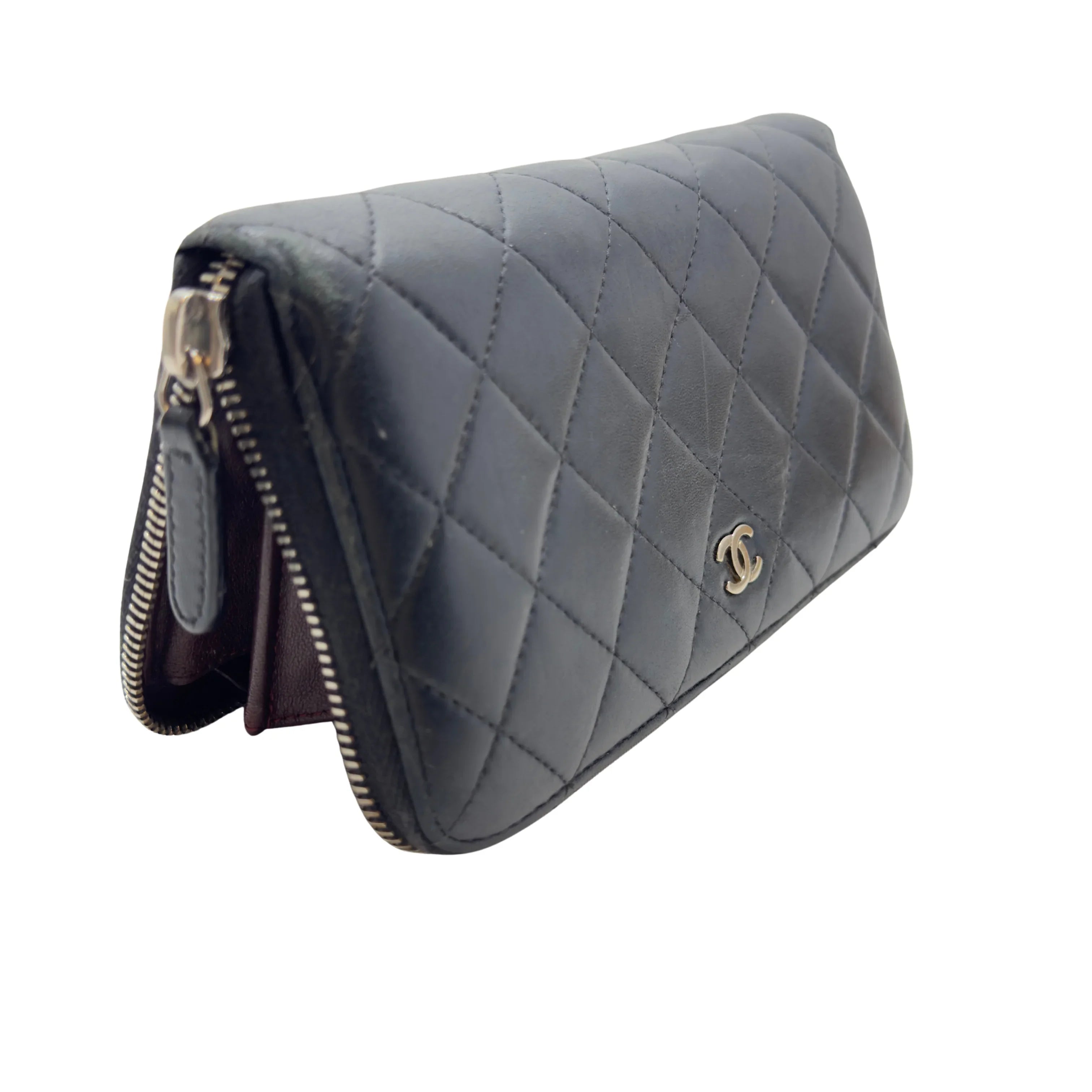 Chanel Lambskin Quilted Large Gusset Zip Around Wallet Black - Lost Designer