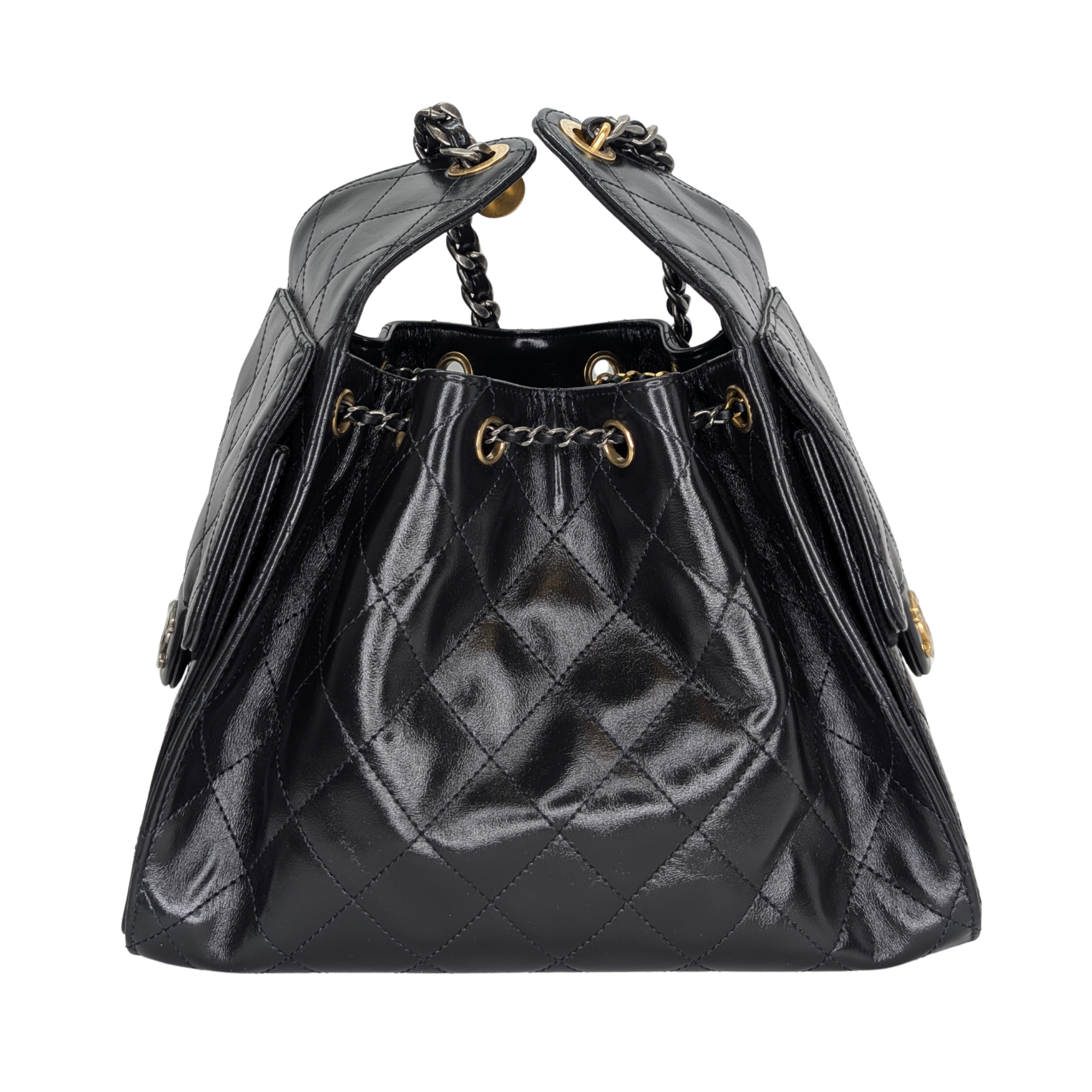 Chanel Small 25 Gold Tone Crumpled Calfskin Handbag Black