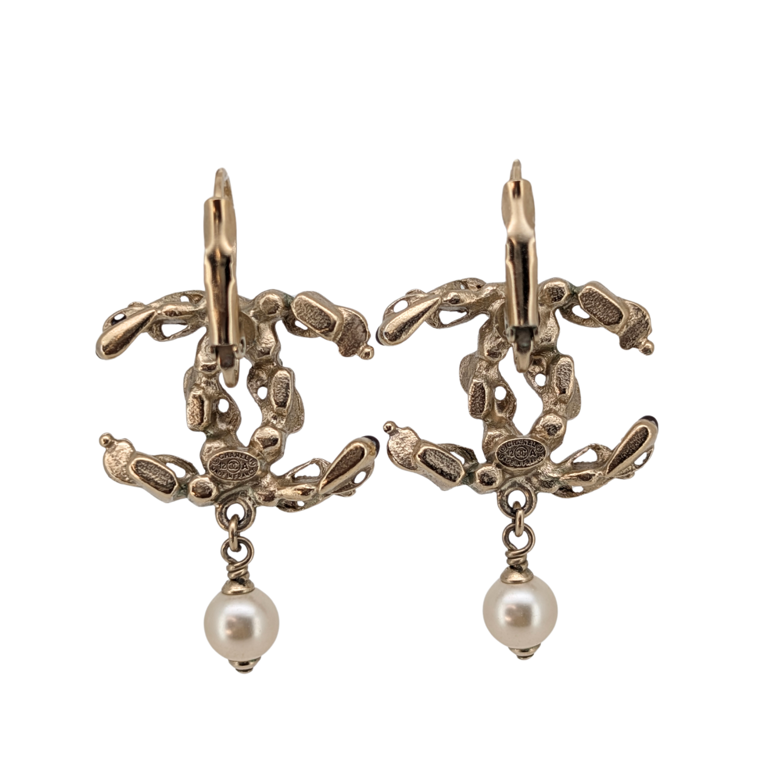 Chanel Large CC Drop Earrings with Faux Pearl Gold Tone