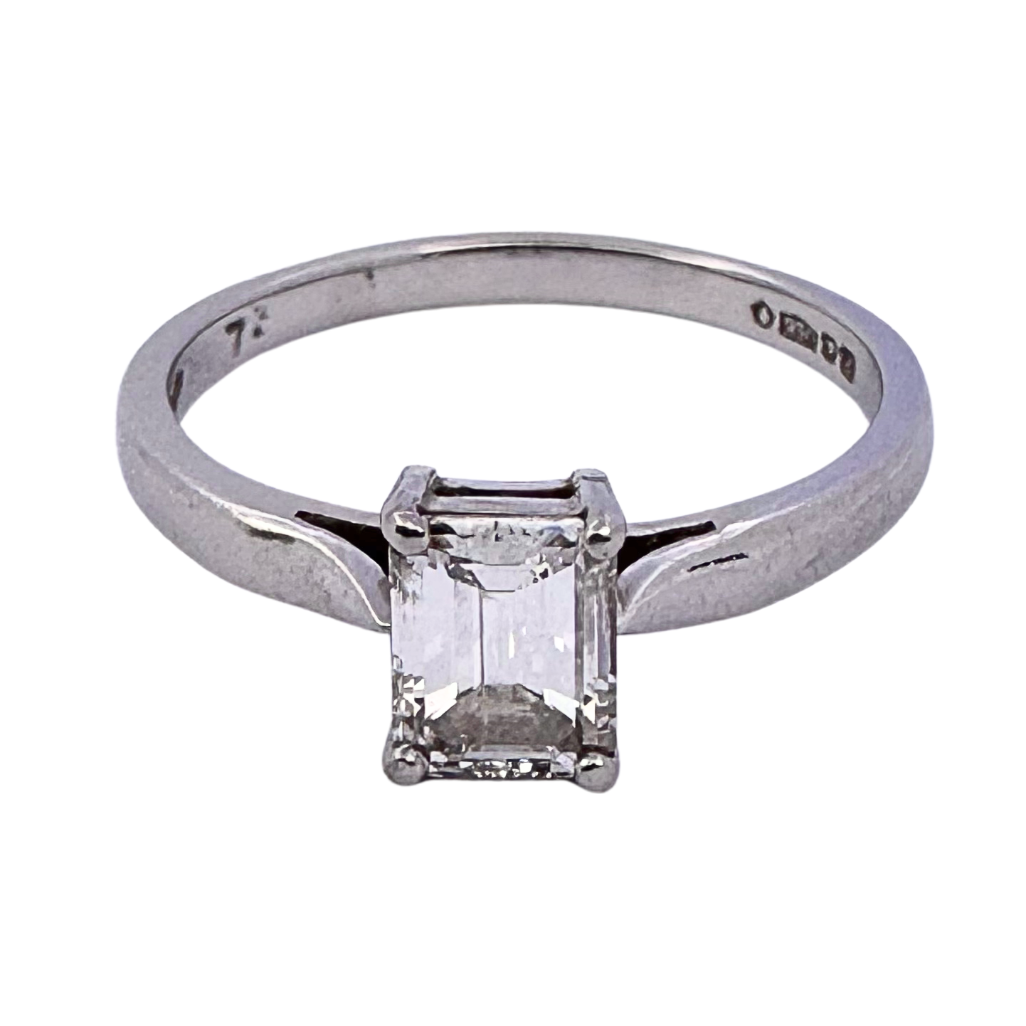 0.73ct Colour F-G Clarity VVS2-VVS1 Diamond emerald cut on platinum Ring O½