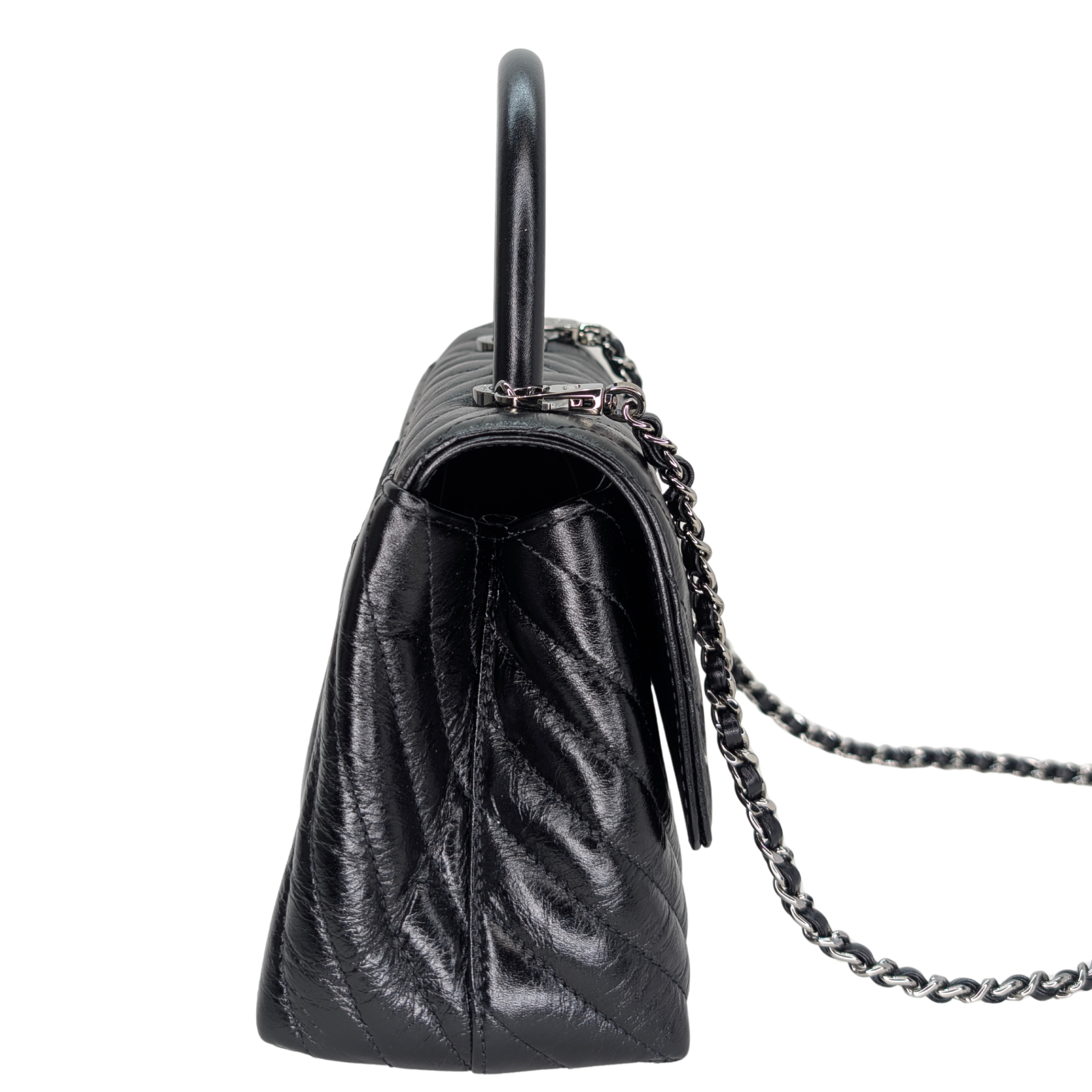 Chanel Small Coco Handle Chevron Aged Calfskin Black