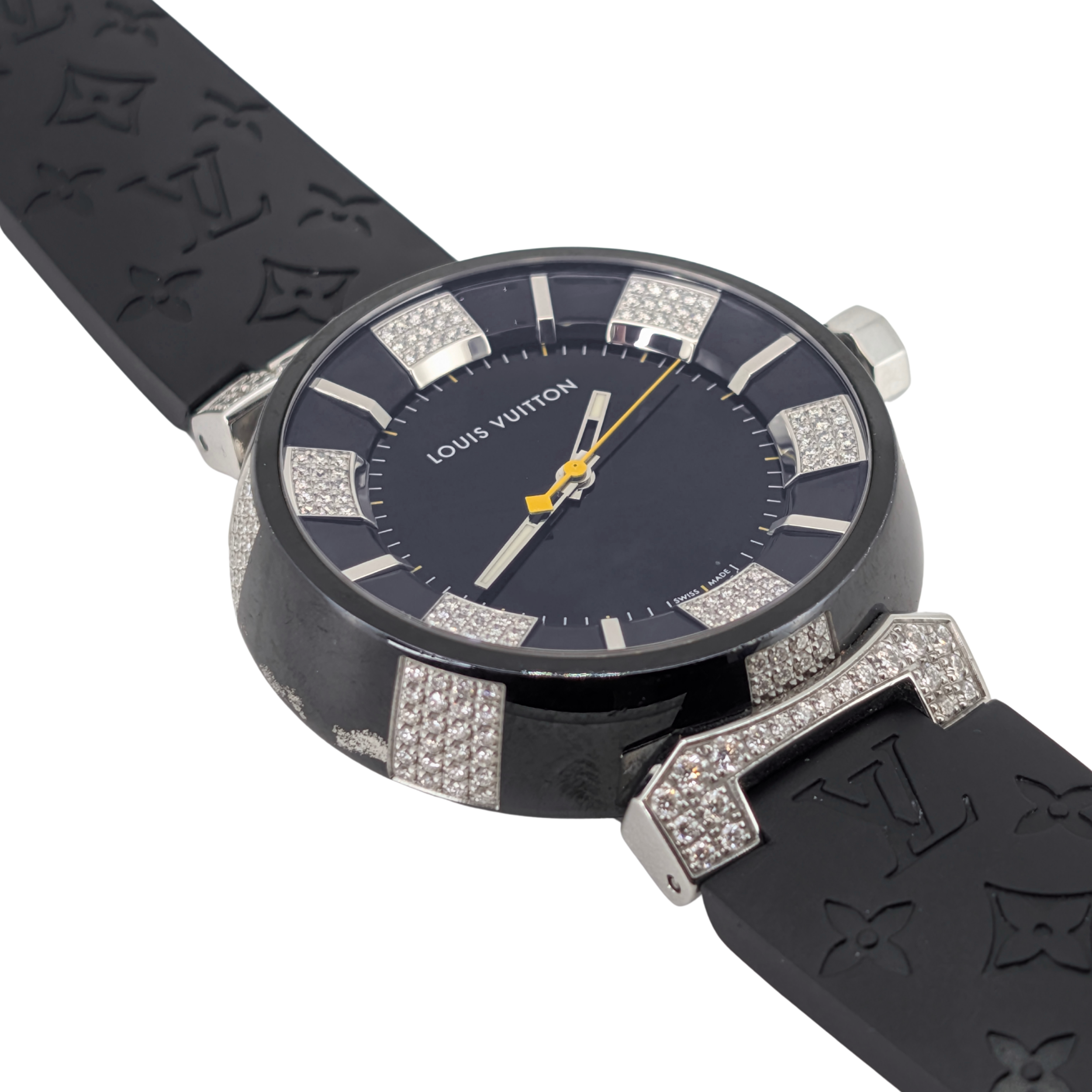 Louis Vuitton Tambour Q131Q Diamond Bezel & Dial Black Steel Watch