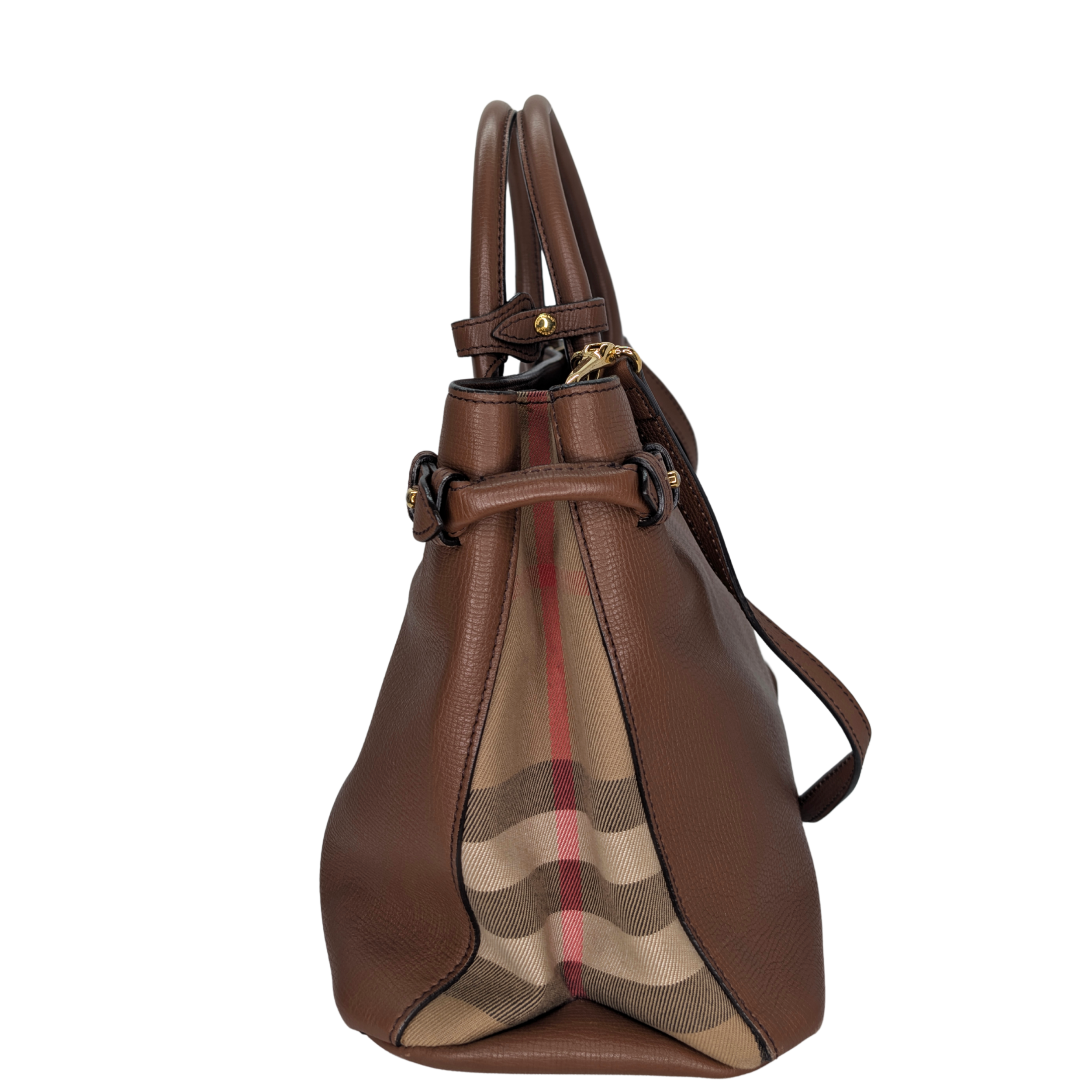 Burberry Brown Pebbled Leather House Check Medium Banner Tote Bag