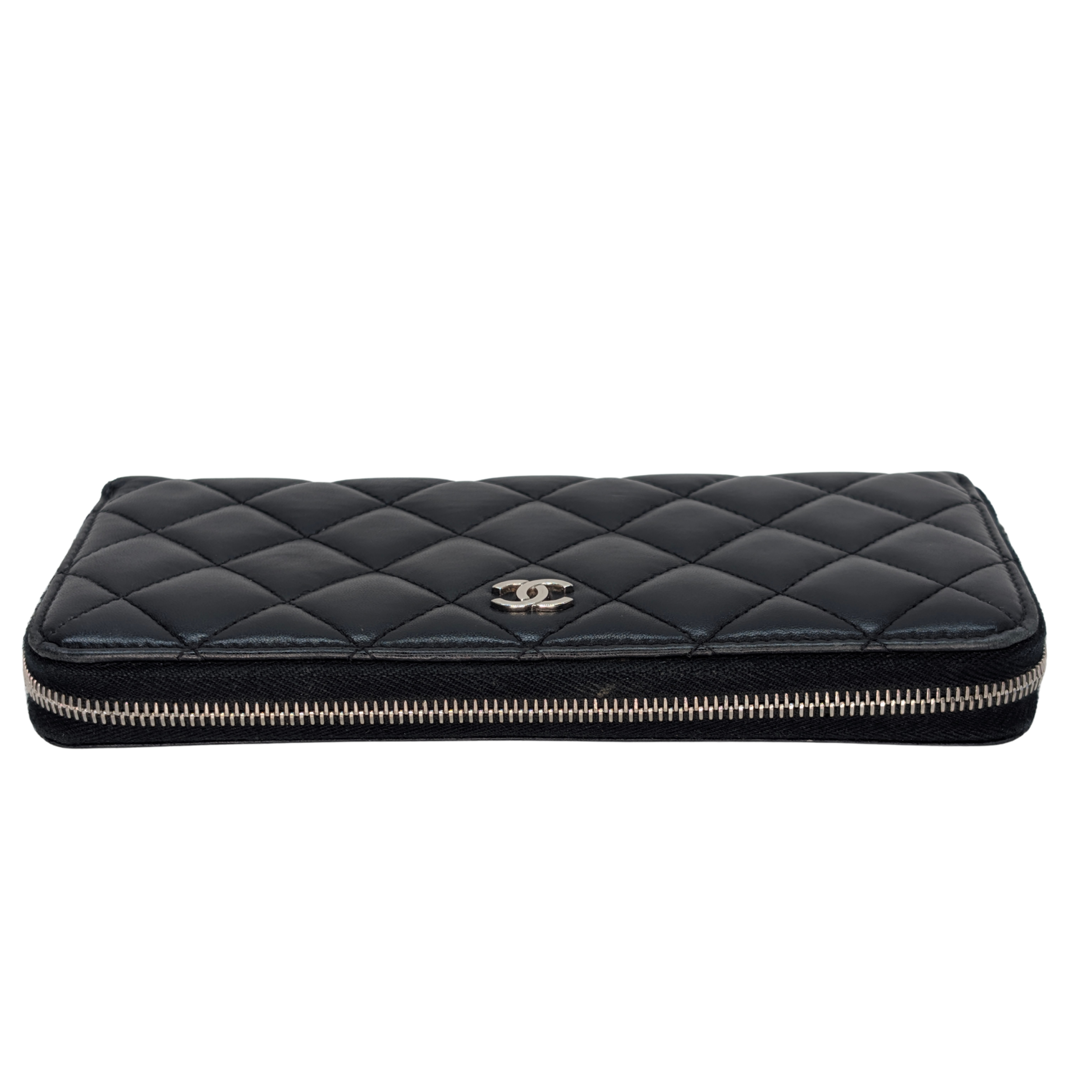 Chanel Lambskin Quilted Large Gusset Zip Around Wallet Black