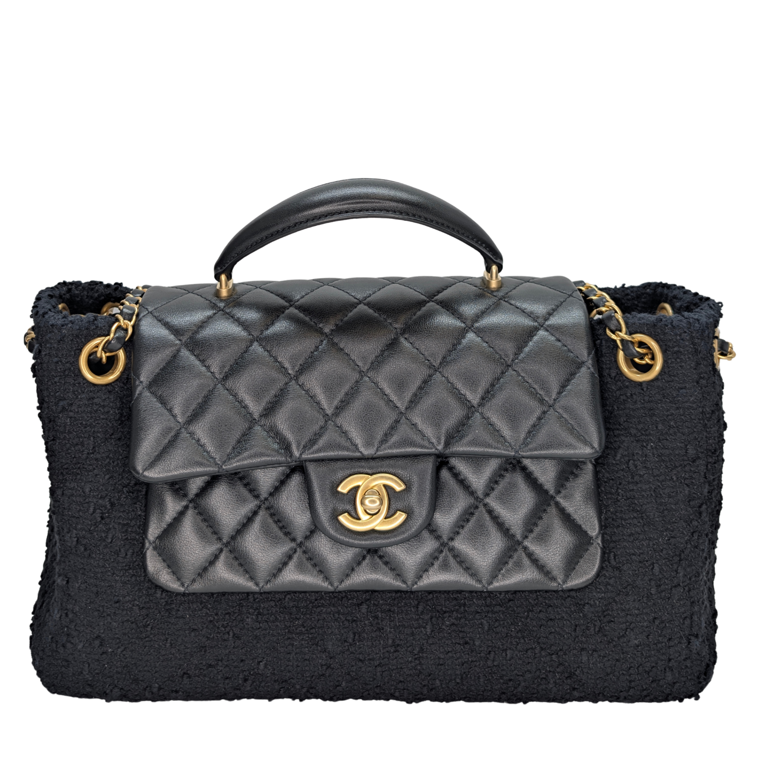 Chanel Top Handle Flap Tweed & Lambskin Bag GHW Black