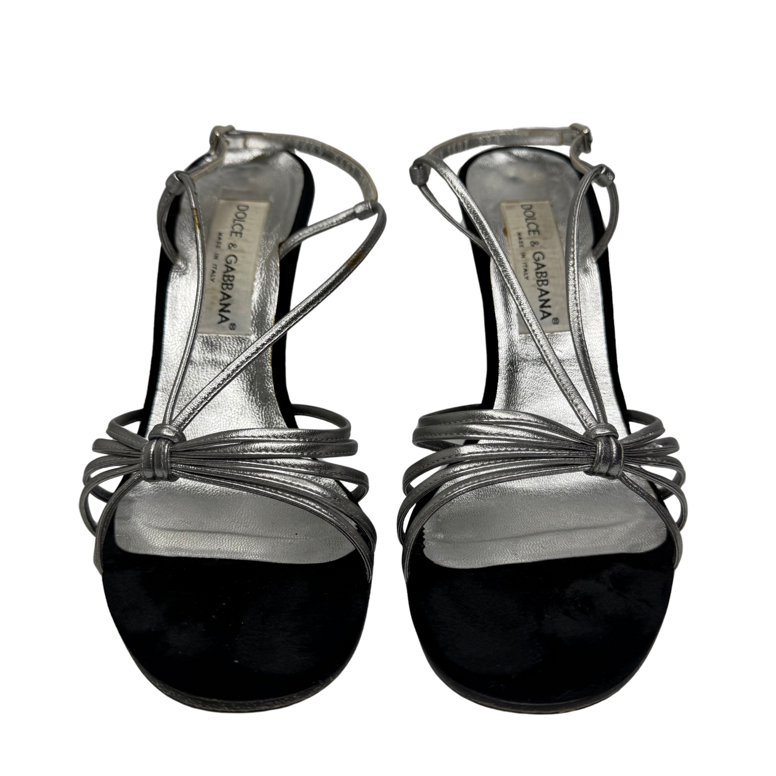 DOLCE & GABBANA Silver Metallic & Black Velvet Strappy Heels - Size 39.5