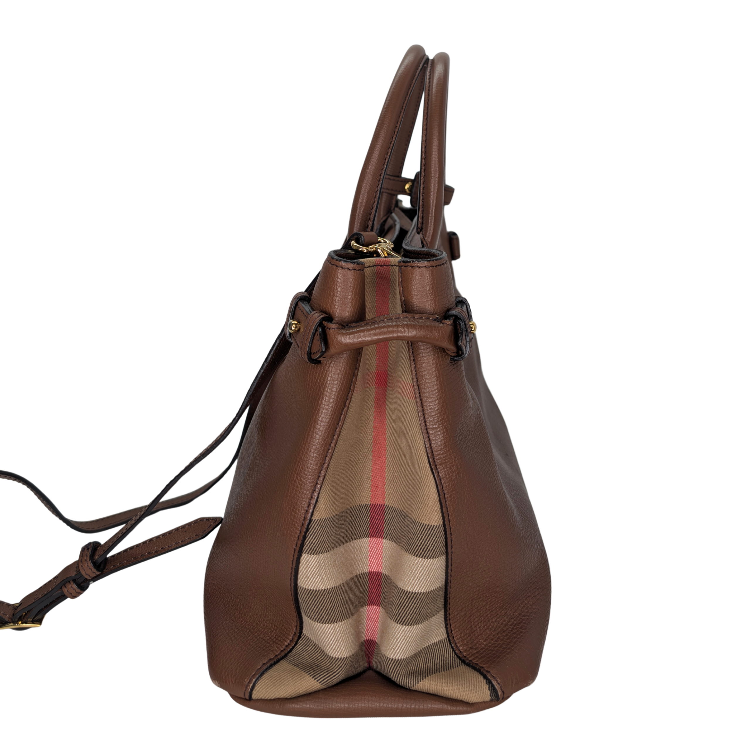 Burberry Brown Pebbled Leather House Check Medium Banner Tote Bag