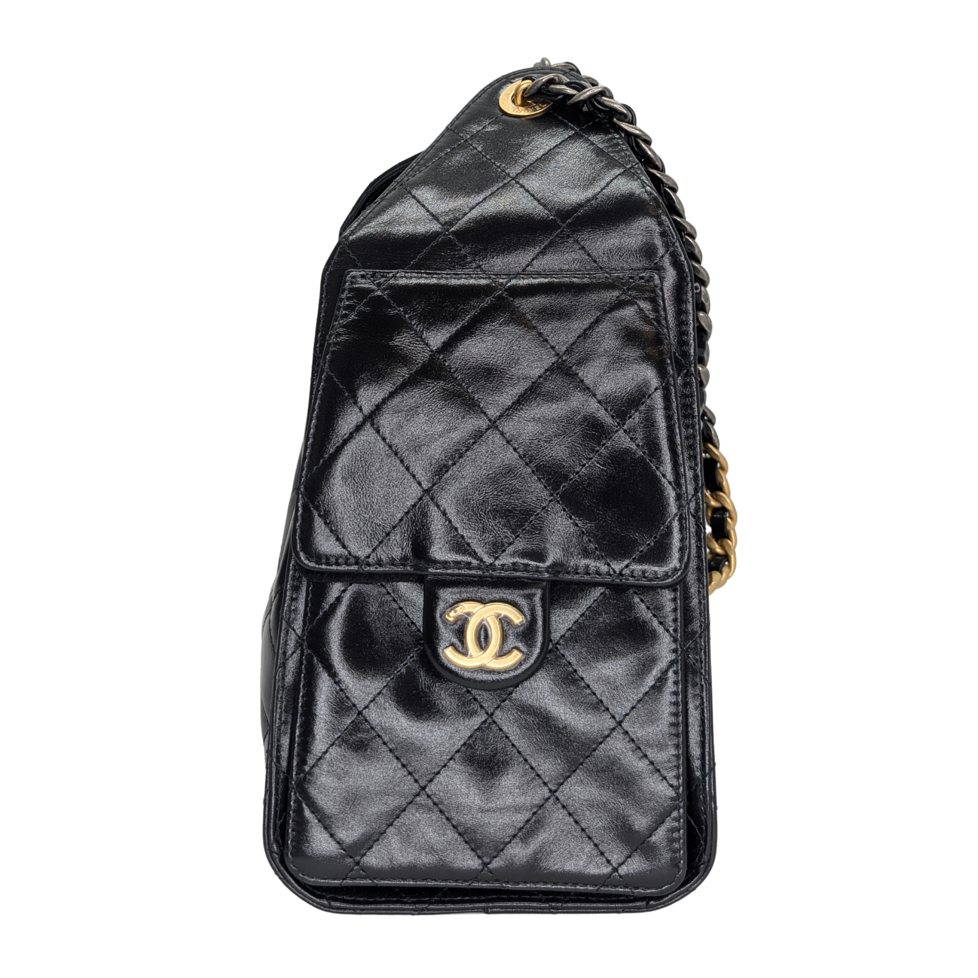 Chanel Small 25 Gold Tone Crumpled Calfskin Handbag Black
