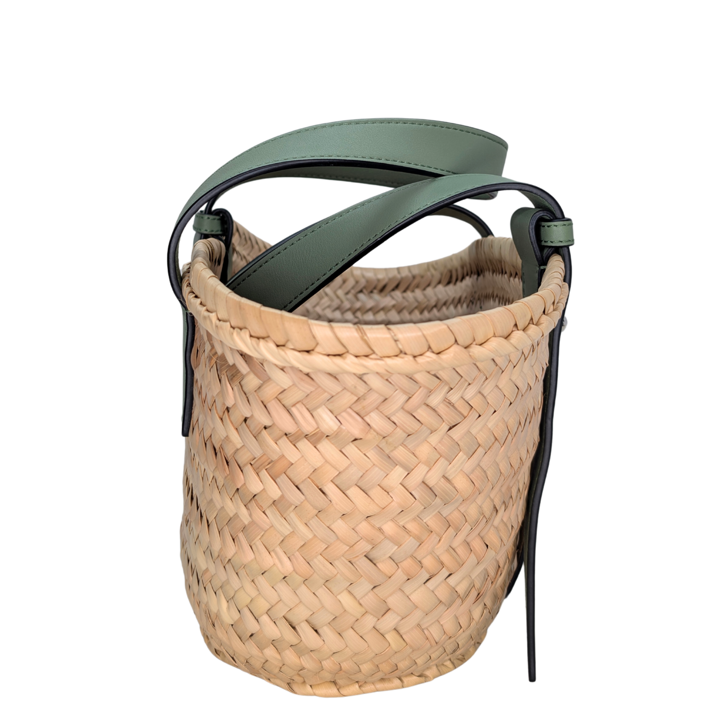 Loewe Raffia Small Basket Tote Bag Natural Green Rosemary