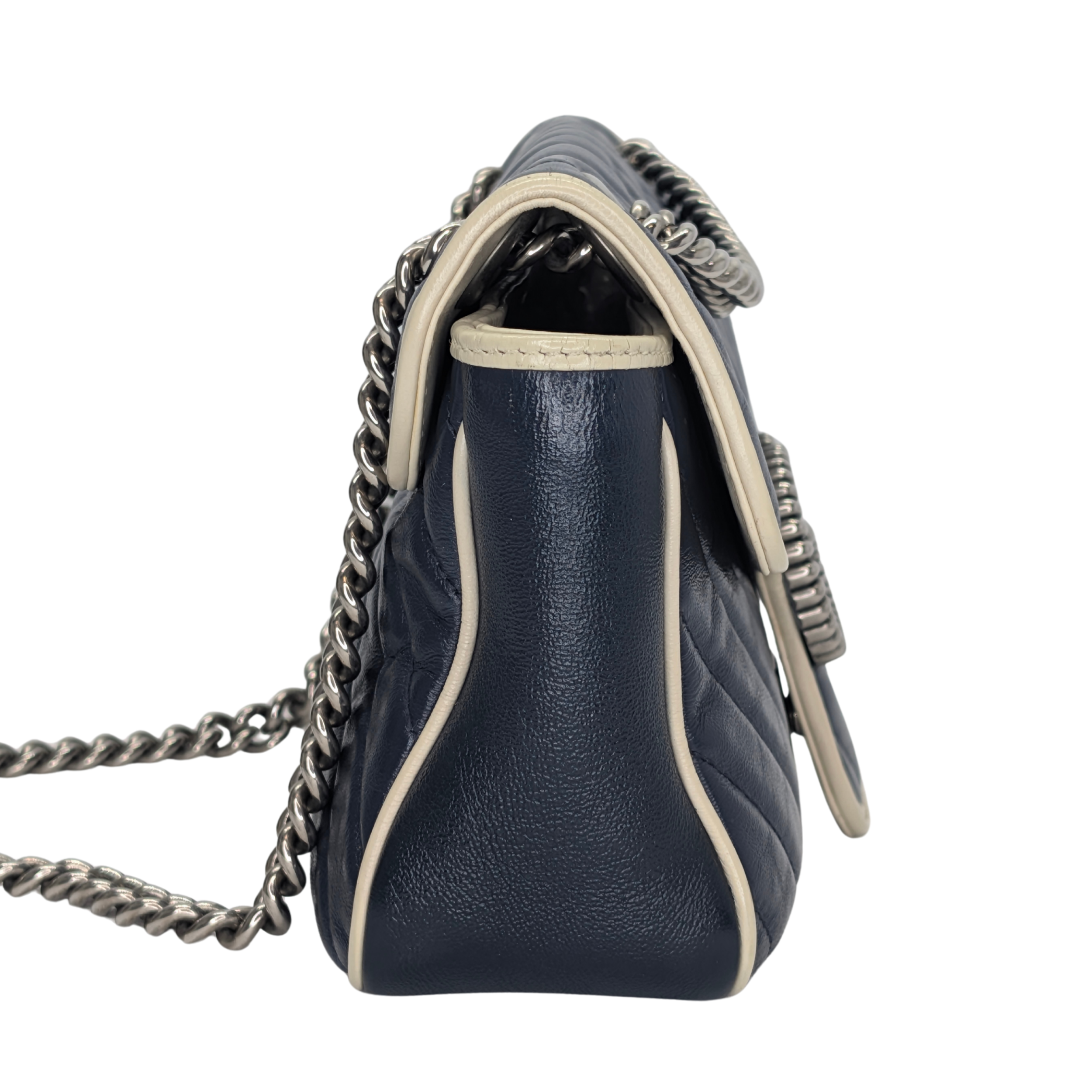 Gucci GG Marmont Matelassé Torchon Flap Crossbody Bag Navy White