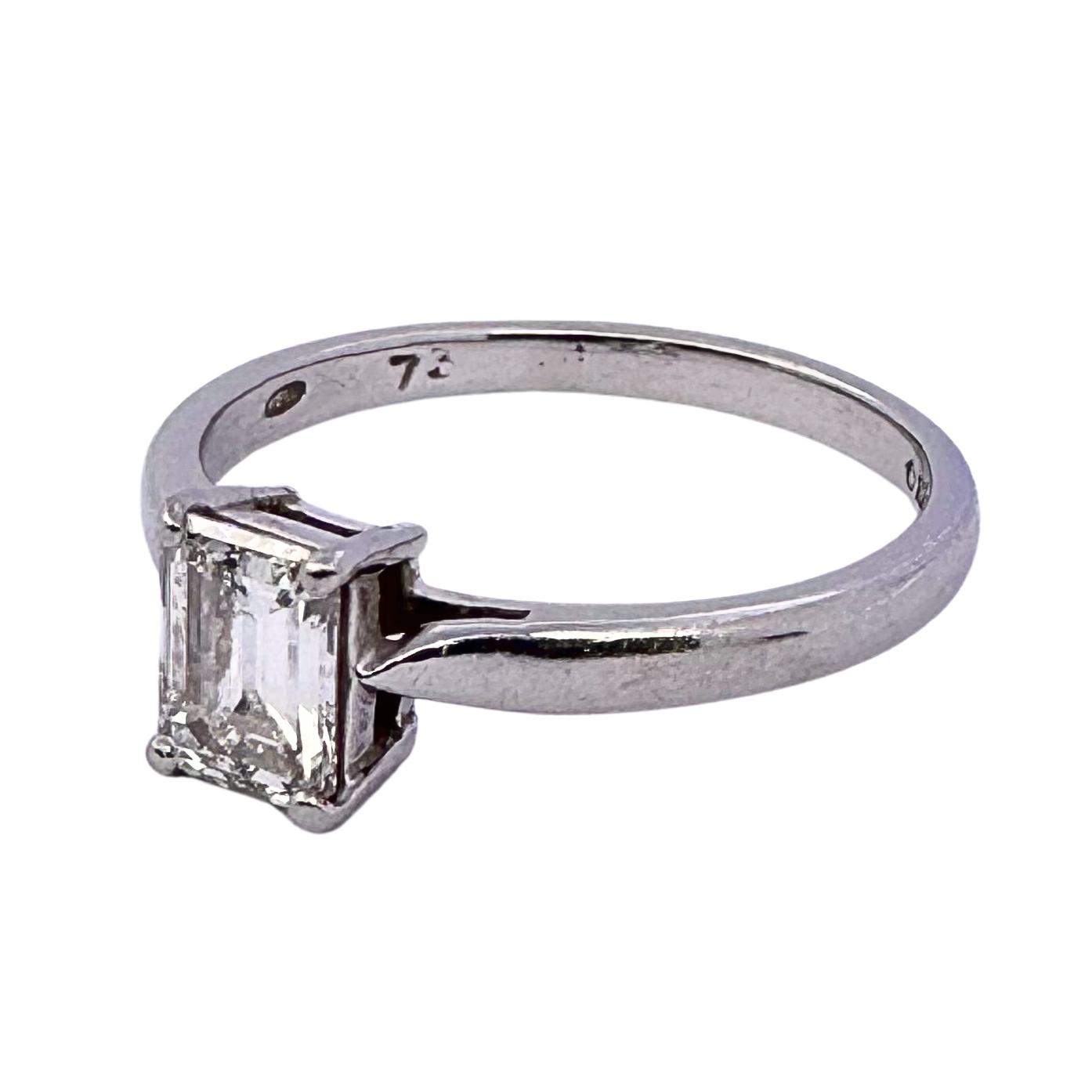 0.73ct Colour F-G Clarity VVS2-VVS1 Diamond emerald cut on platinum Ring O½