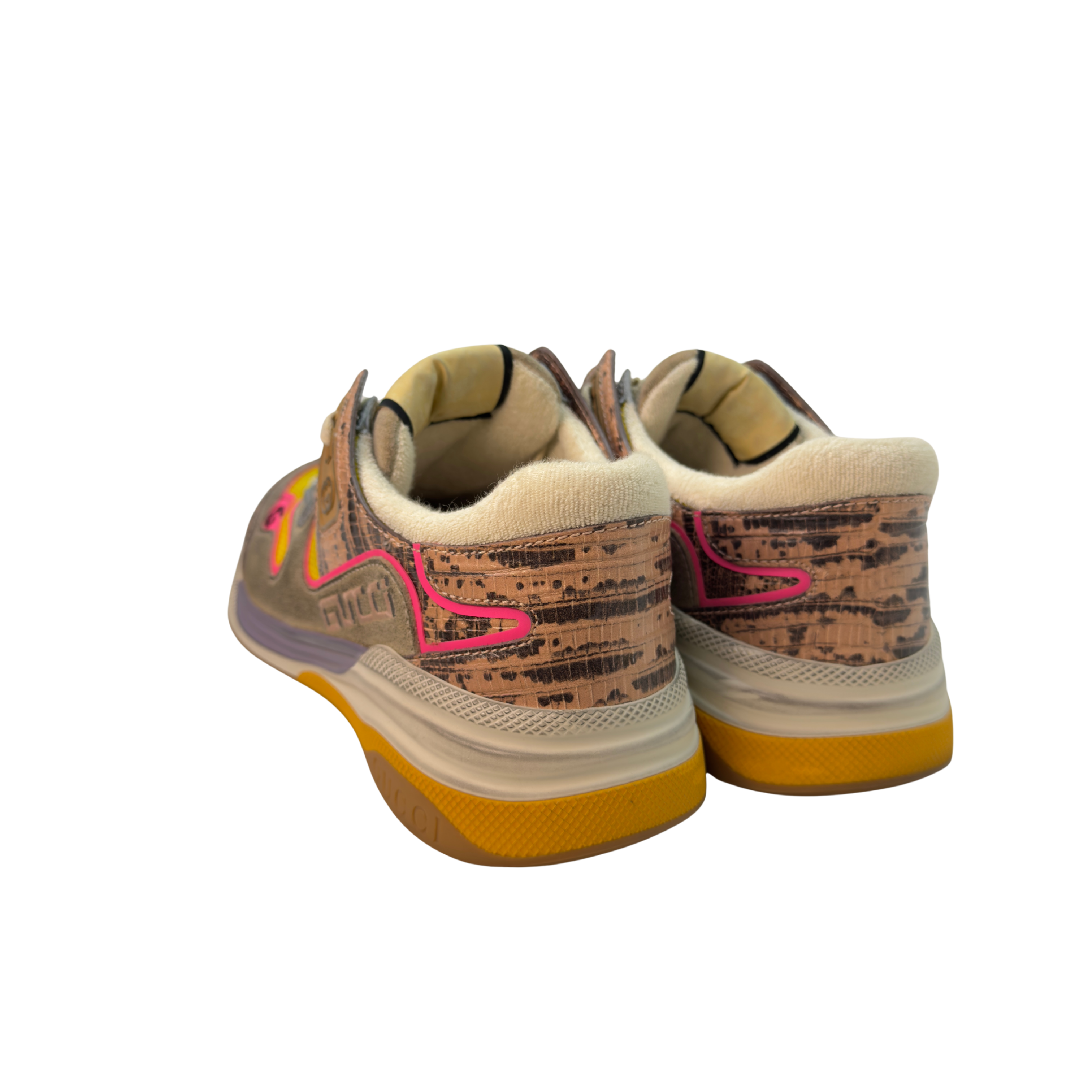Gucci Suede Calfskin Tejus Printed Womens Ultrapace Sneakers Pink Silver Oatmeal Yolk 39