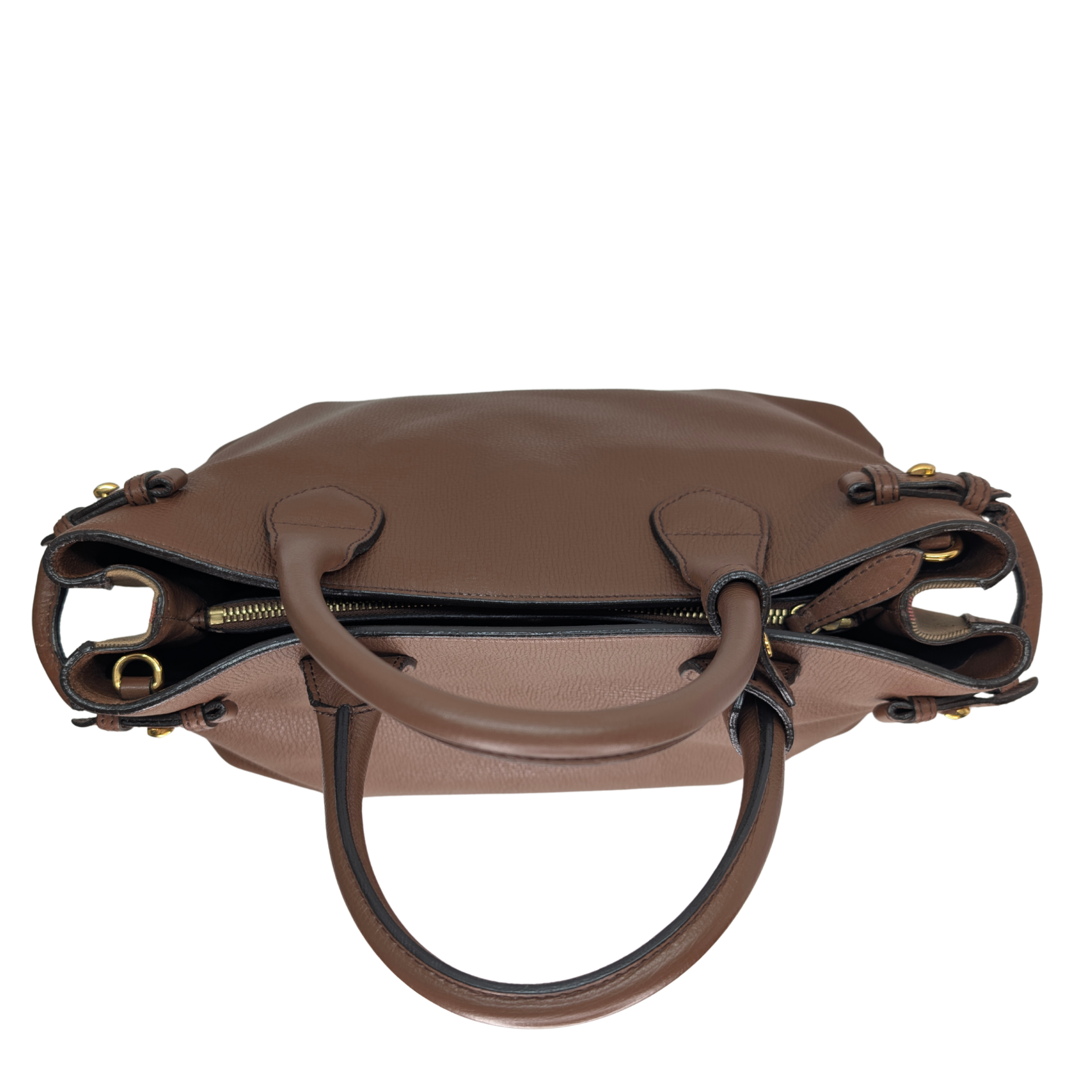 Burberry Brown Pebbled Leather House Check Medium Banner Tote Bag