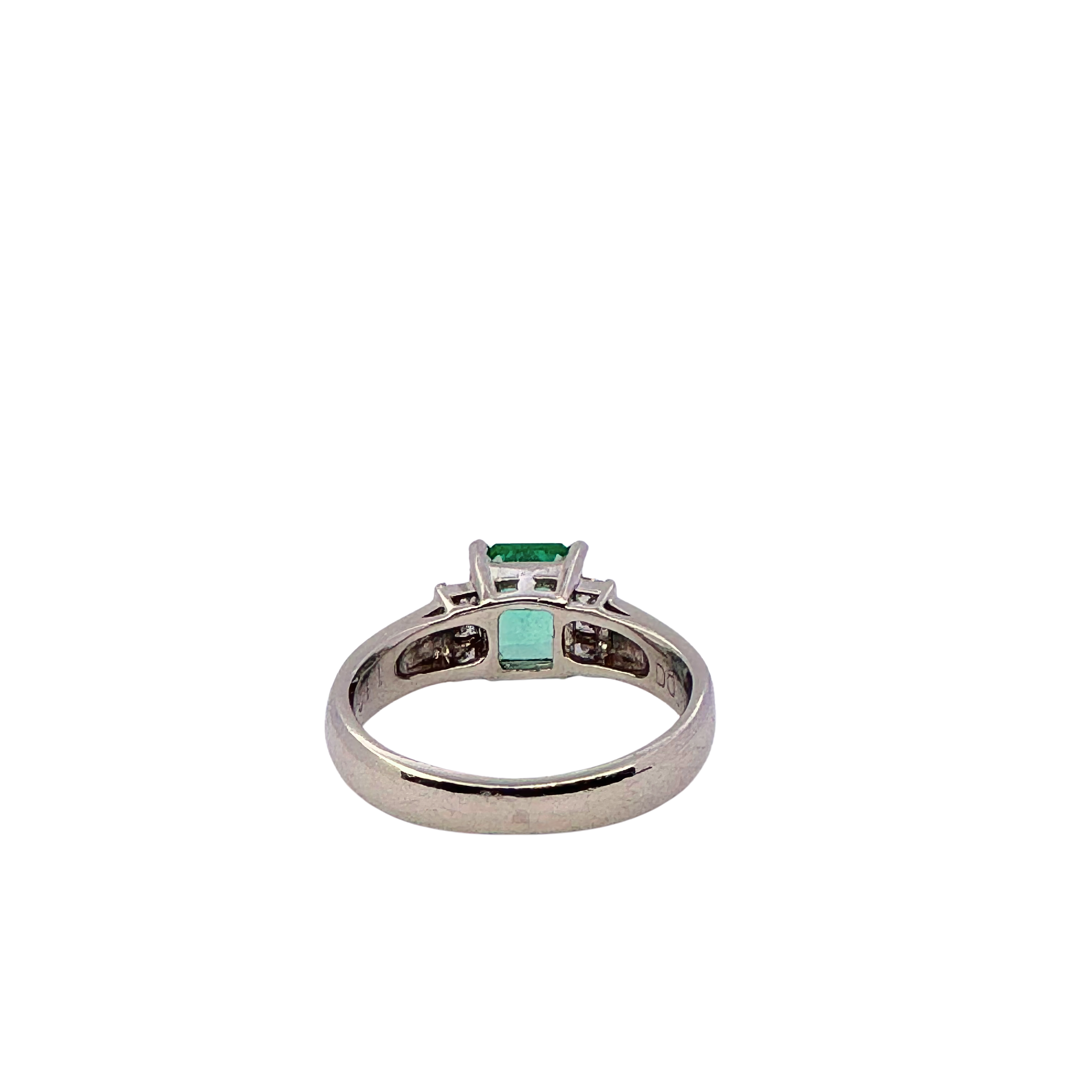 Platinum 900 Natural Emerald 1.12CT & Diamond 0.16CT Three Stone Ring SIZE P½