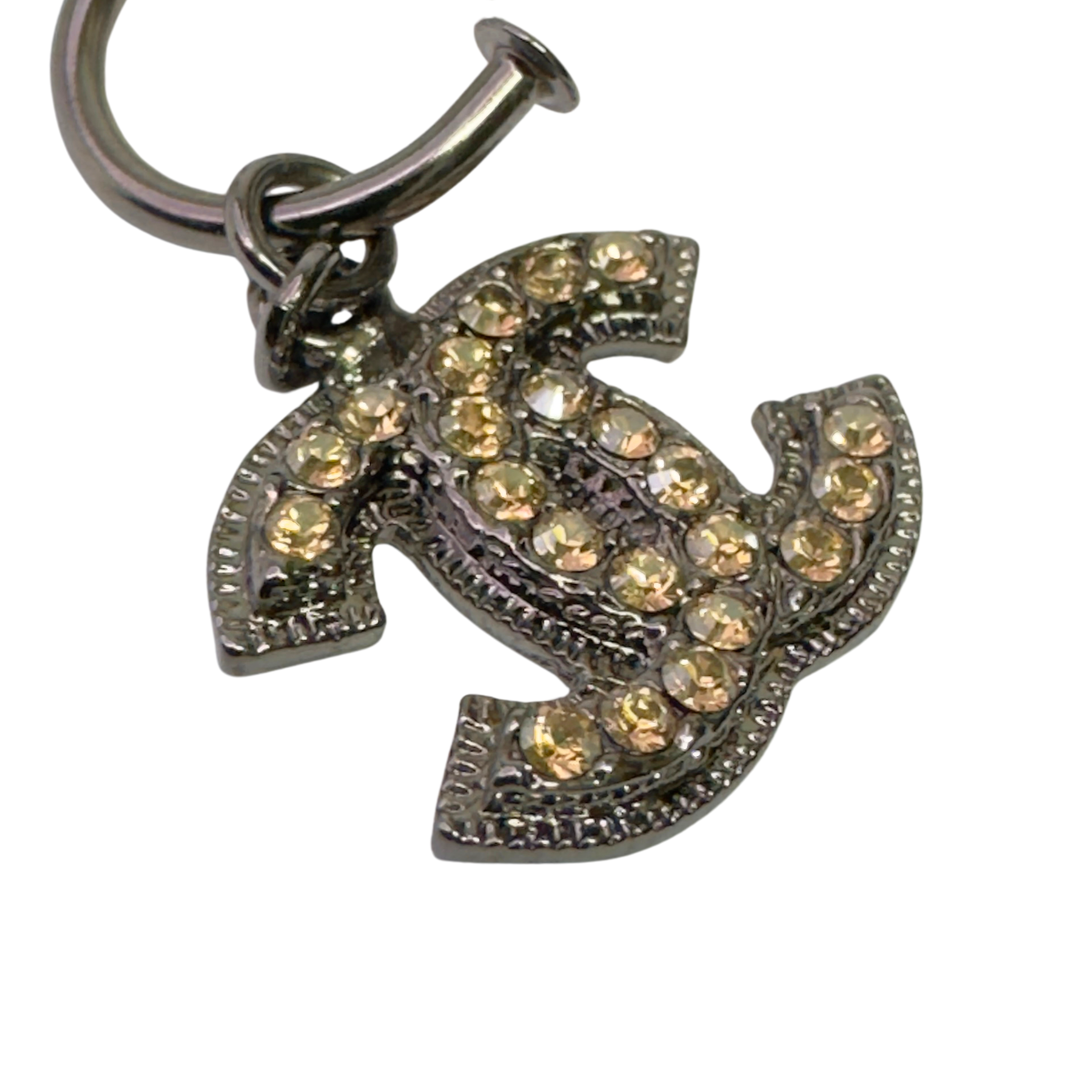 Chanel Gunmetal CC Peach Crystal Rim Hoop Earrings