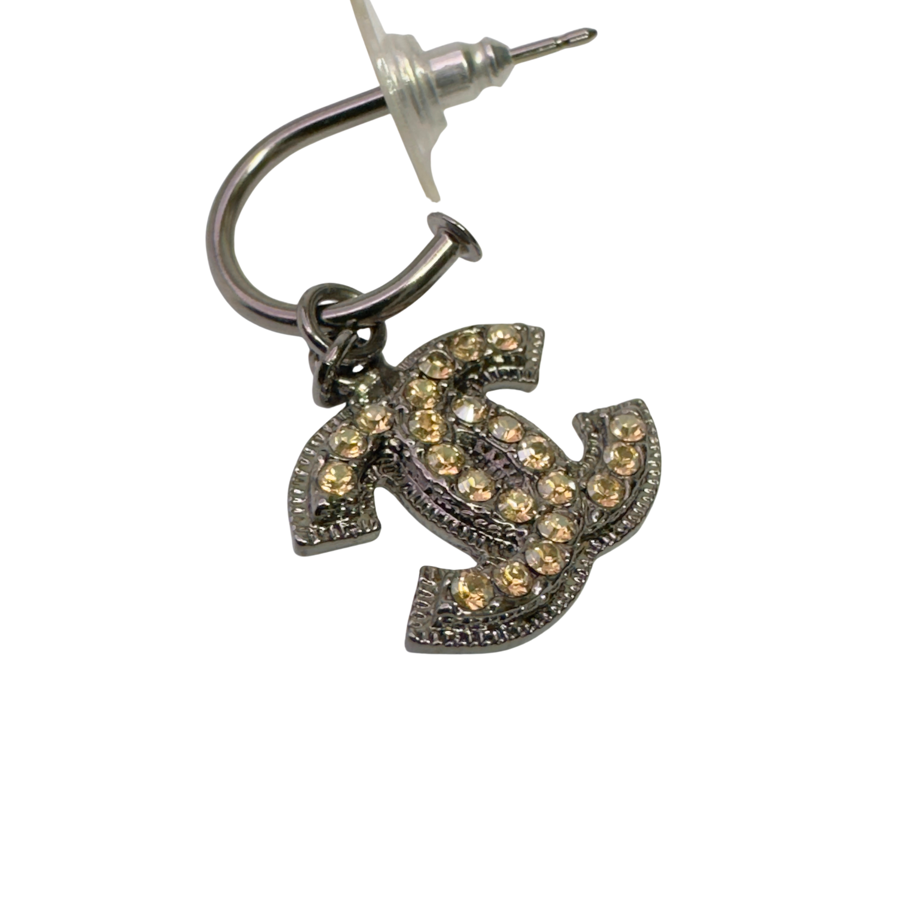Chanel Gunmetal CC Peach Crystal Rim Hoop Earrings