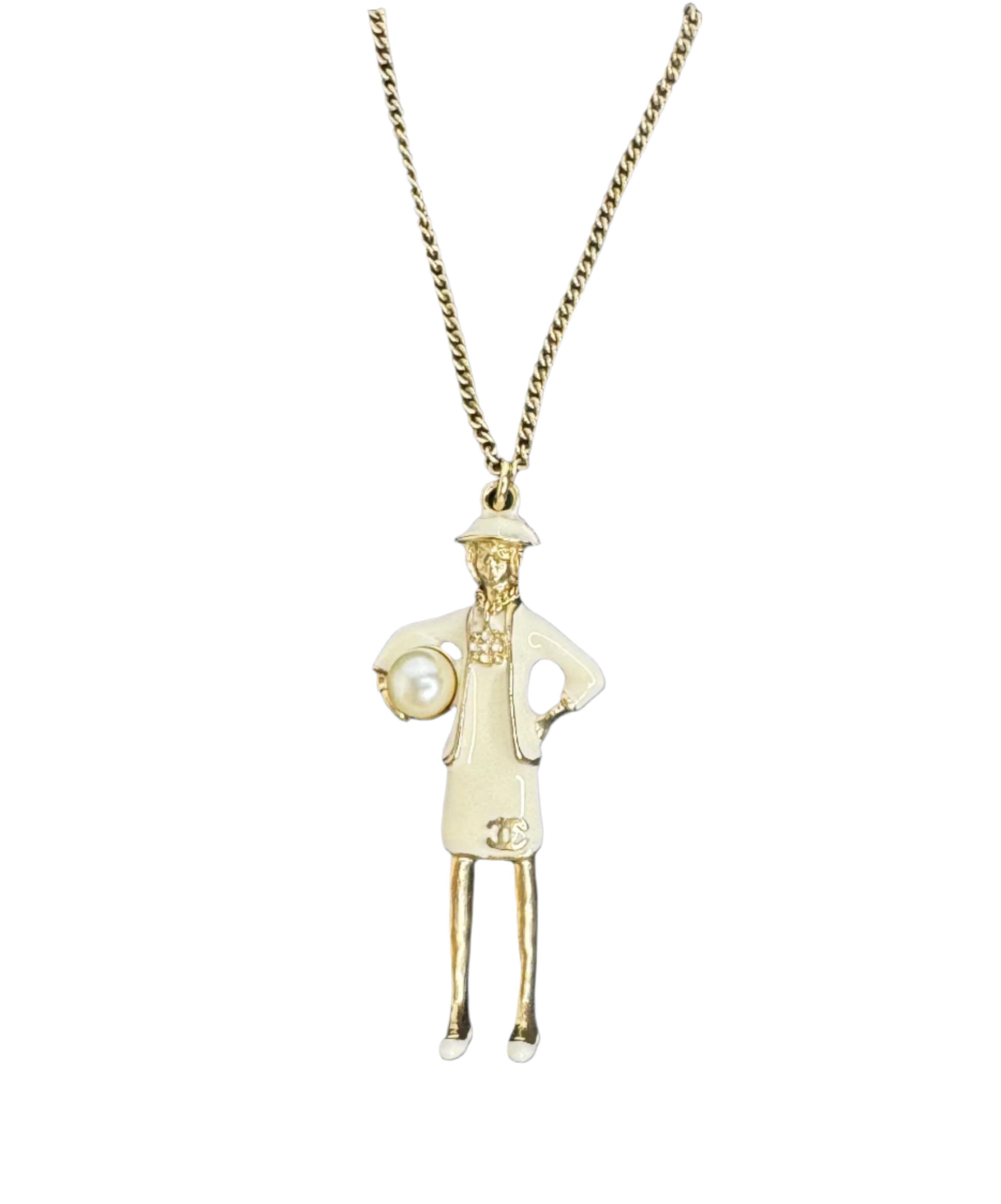 Chanel Mademoiselle Figurine Enamel Pearl Coco CC Pendant Necklace