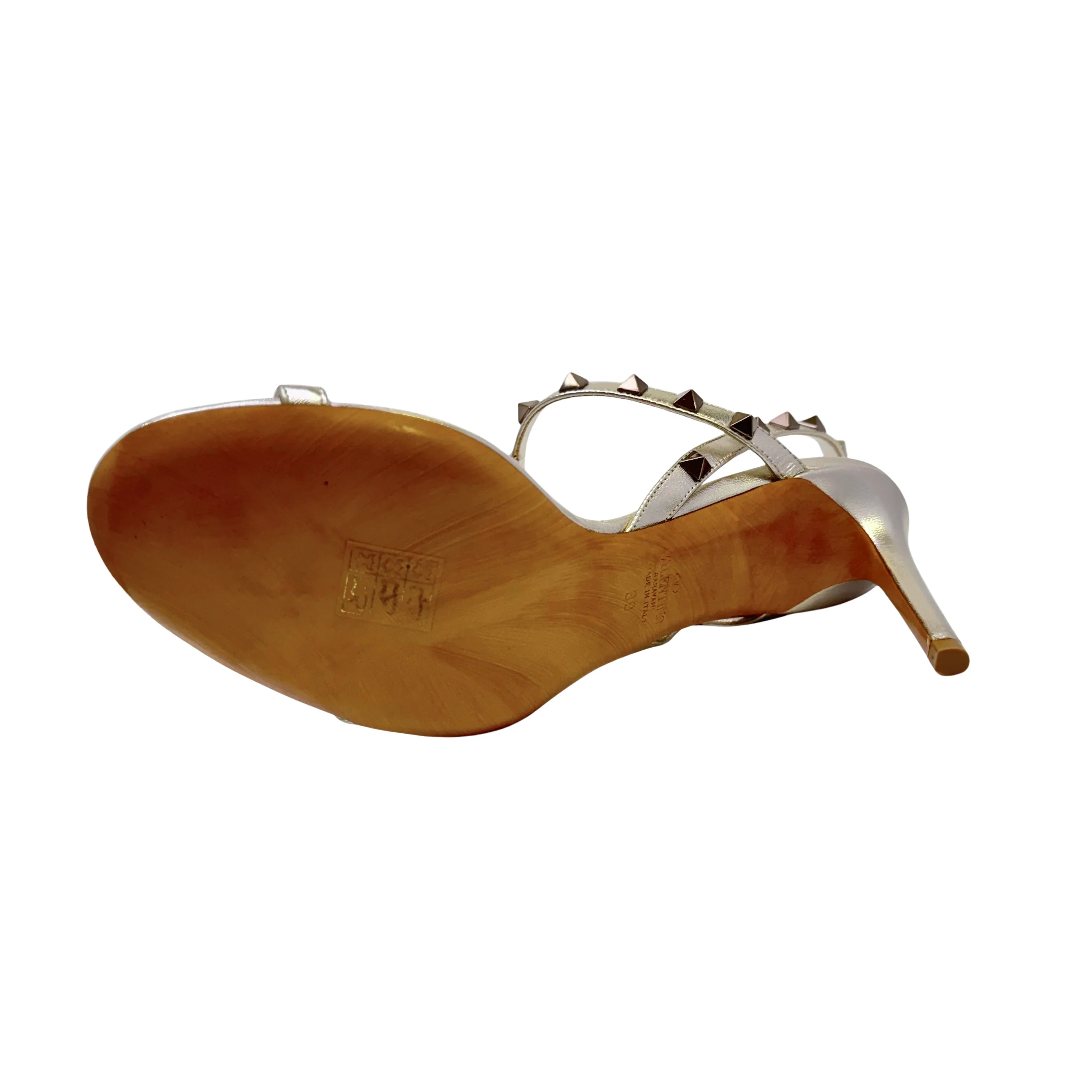Valentino Metallic Nappa Rockstud T-Strap Slingback Sandals Heels, 39