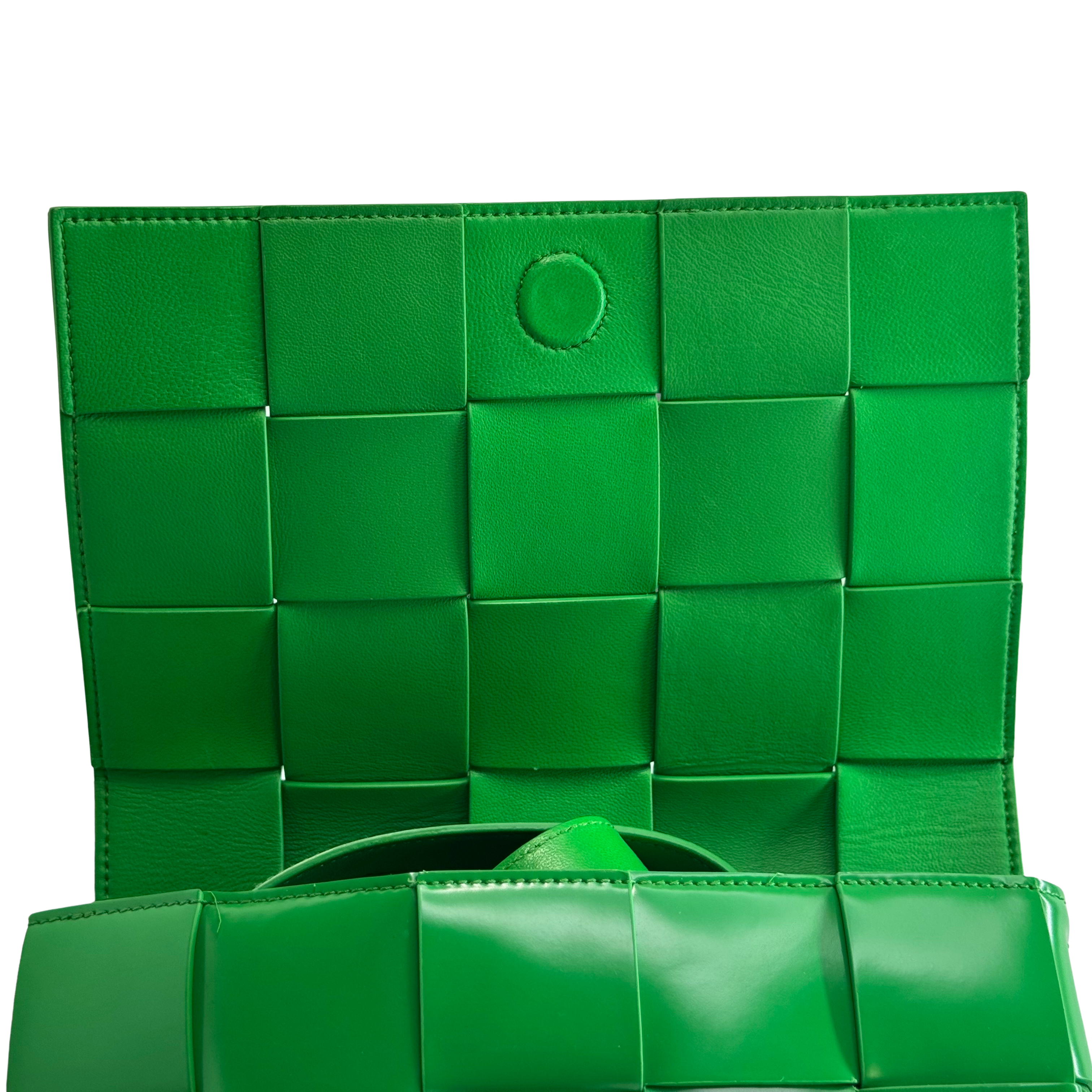 Bottega Veneta Patent Maxi Intrecciato Cassette Crossbody Bag Parakeet
