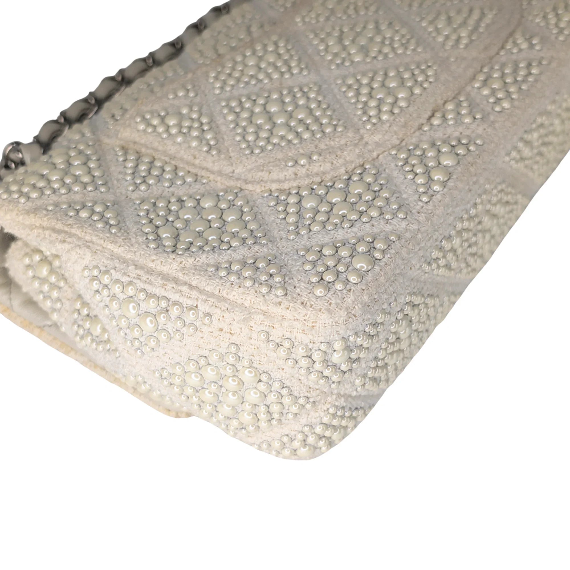 Chanel Classic Flap Pearl Embellished Shoulder Bag White - Lost Designer