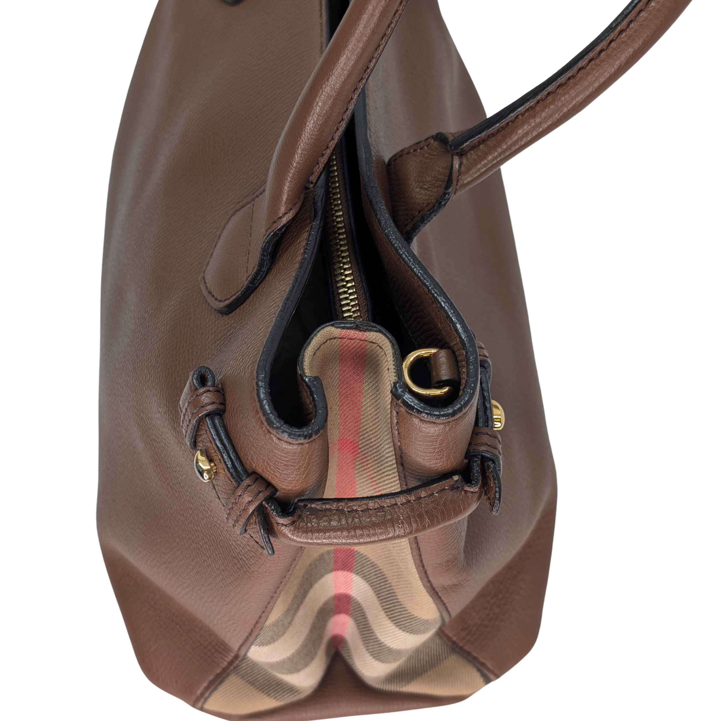 Burberry Brown Pebbled Leather House Check Medium Banner Tote Bag