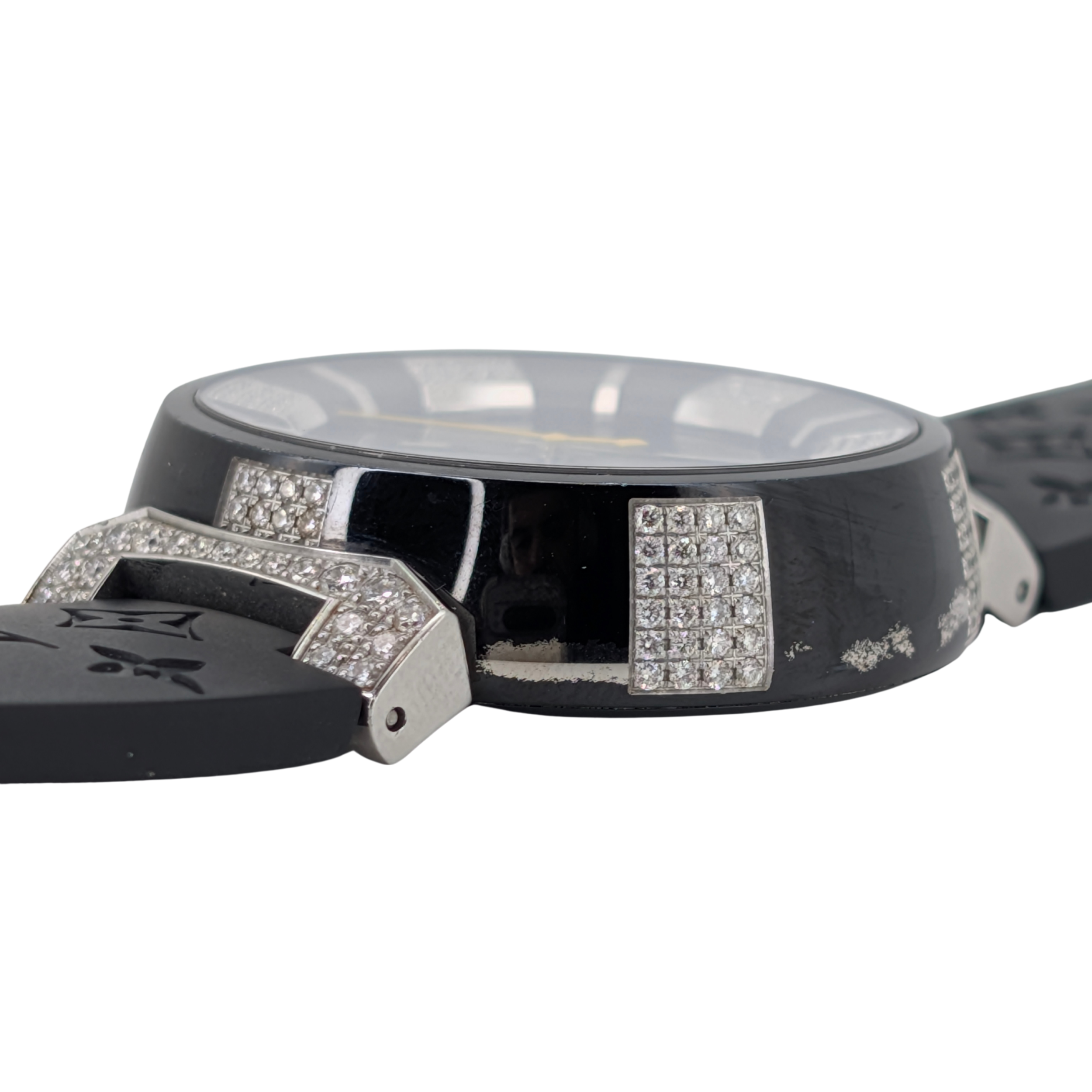 Louis Vuitton Tambour Q131Q Diamond Bezel & Dial Black Steel Watch