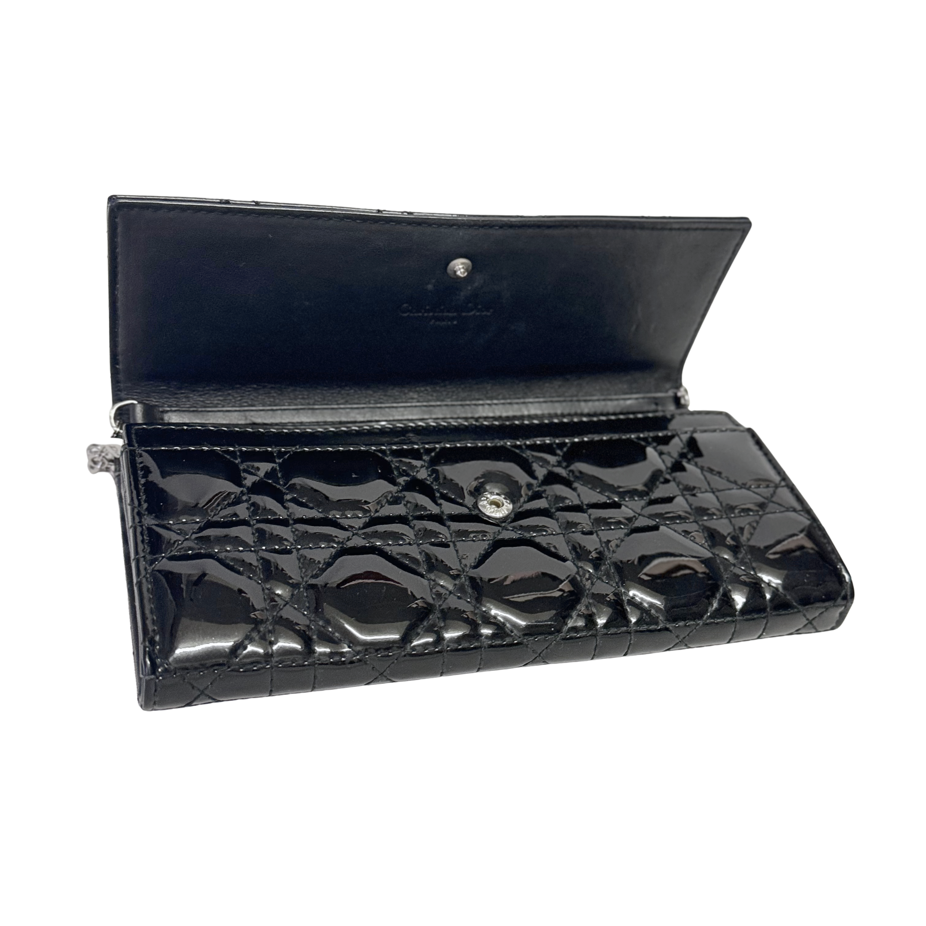 Dior Patent Leather Long Wallet With Chain Black